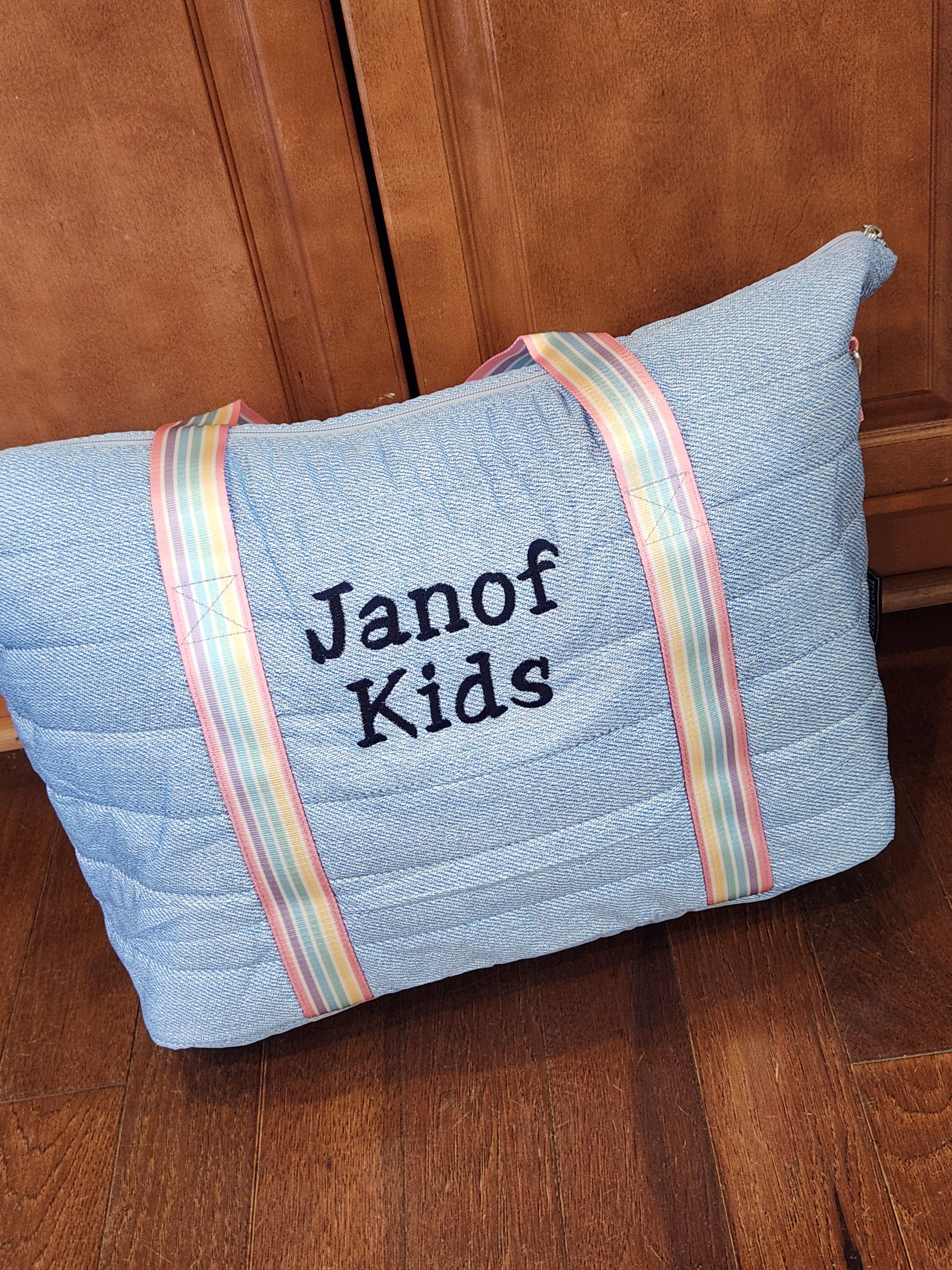 Denim Puffer Tote w/ Rainbow Striped Straps