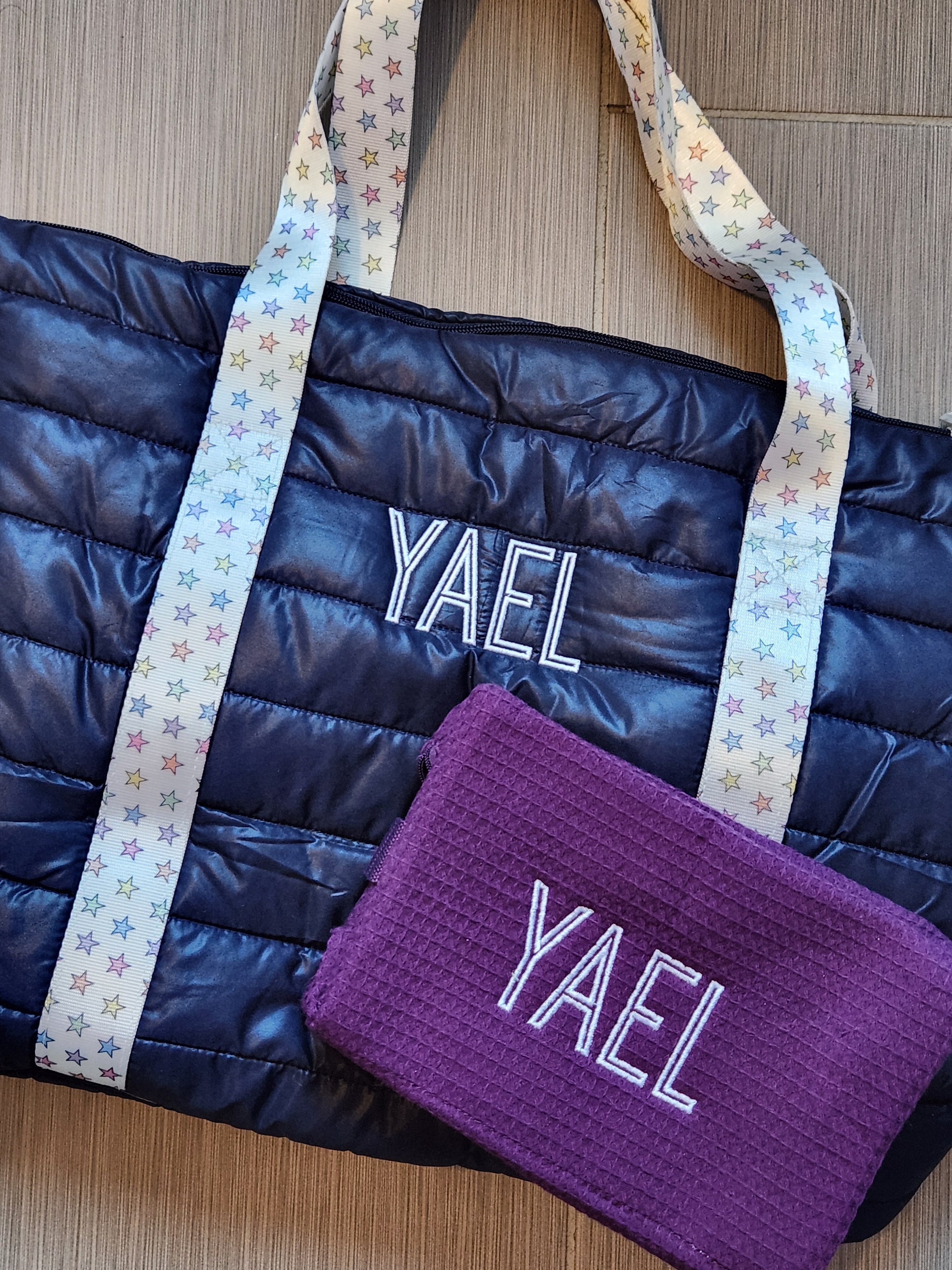 Navy Puffer Tote with Rainbow Star Strap