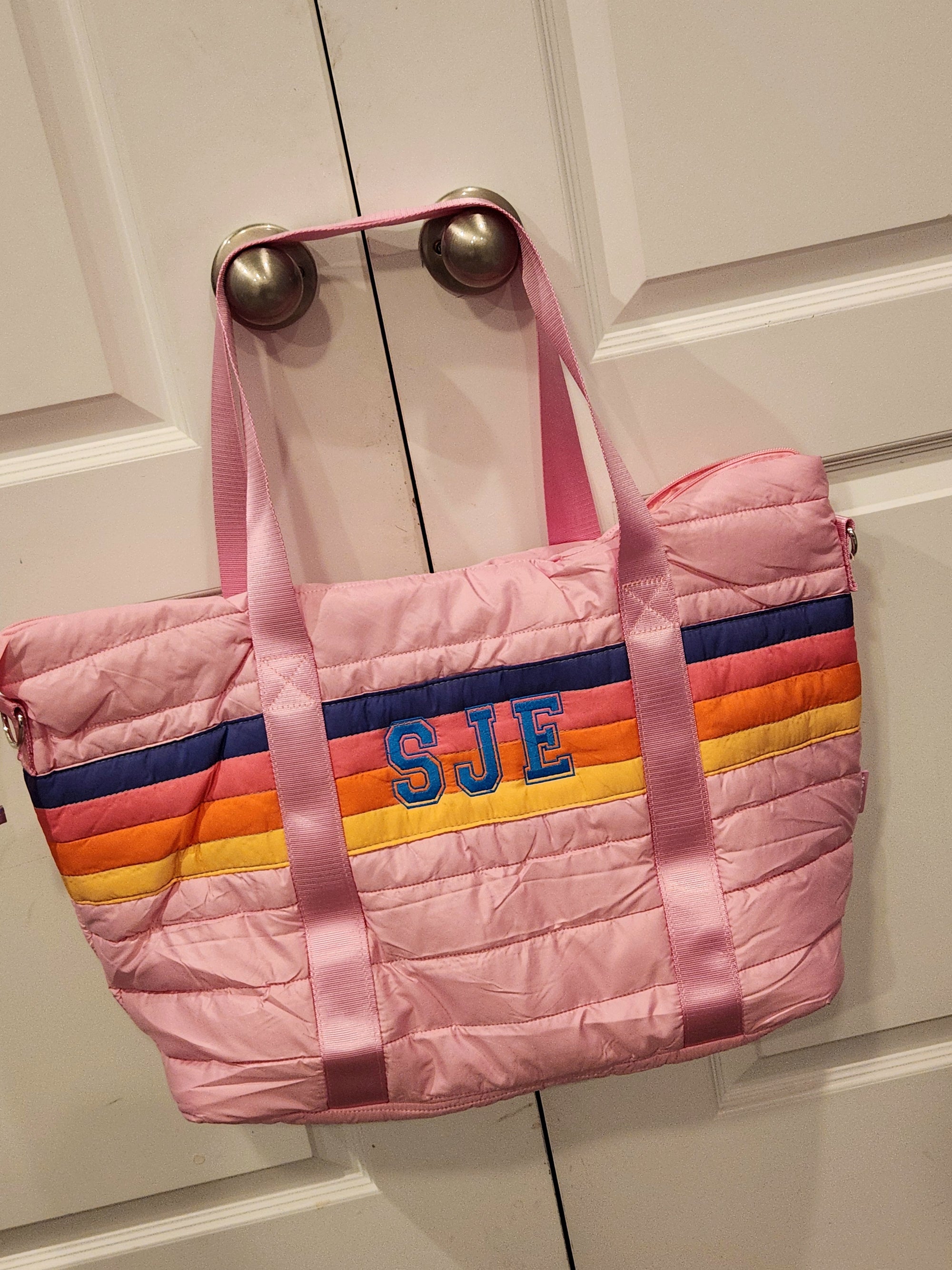 Pink Retro Stripe Puffer Weekender Tote Bag