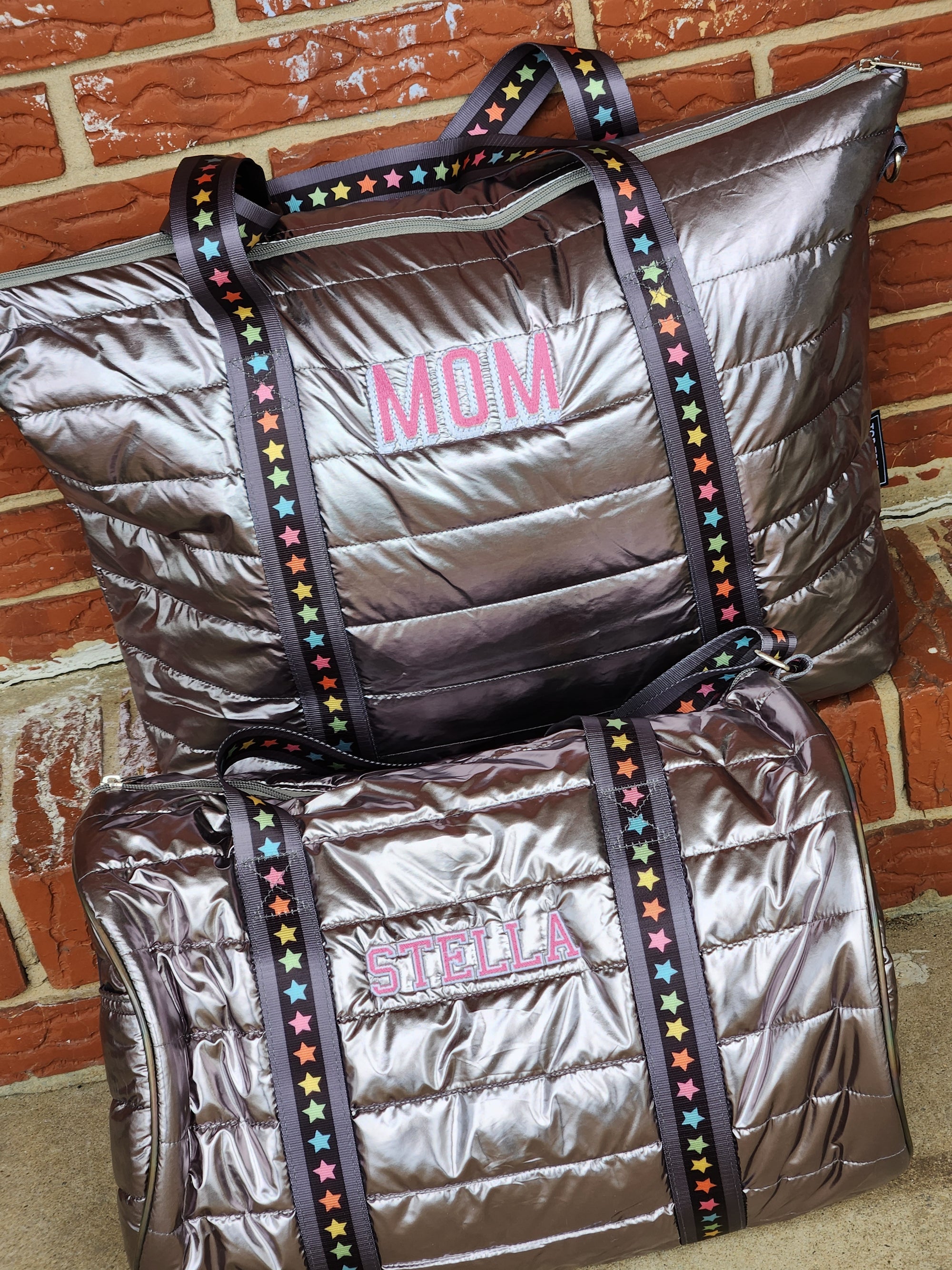 Gunmetal Puffer Duffle w/ Multi Star Straps