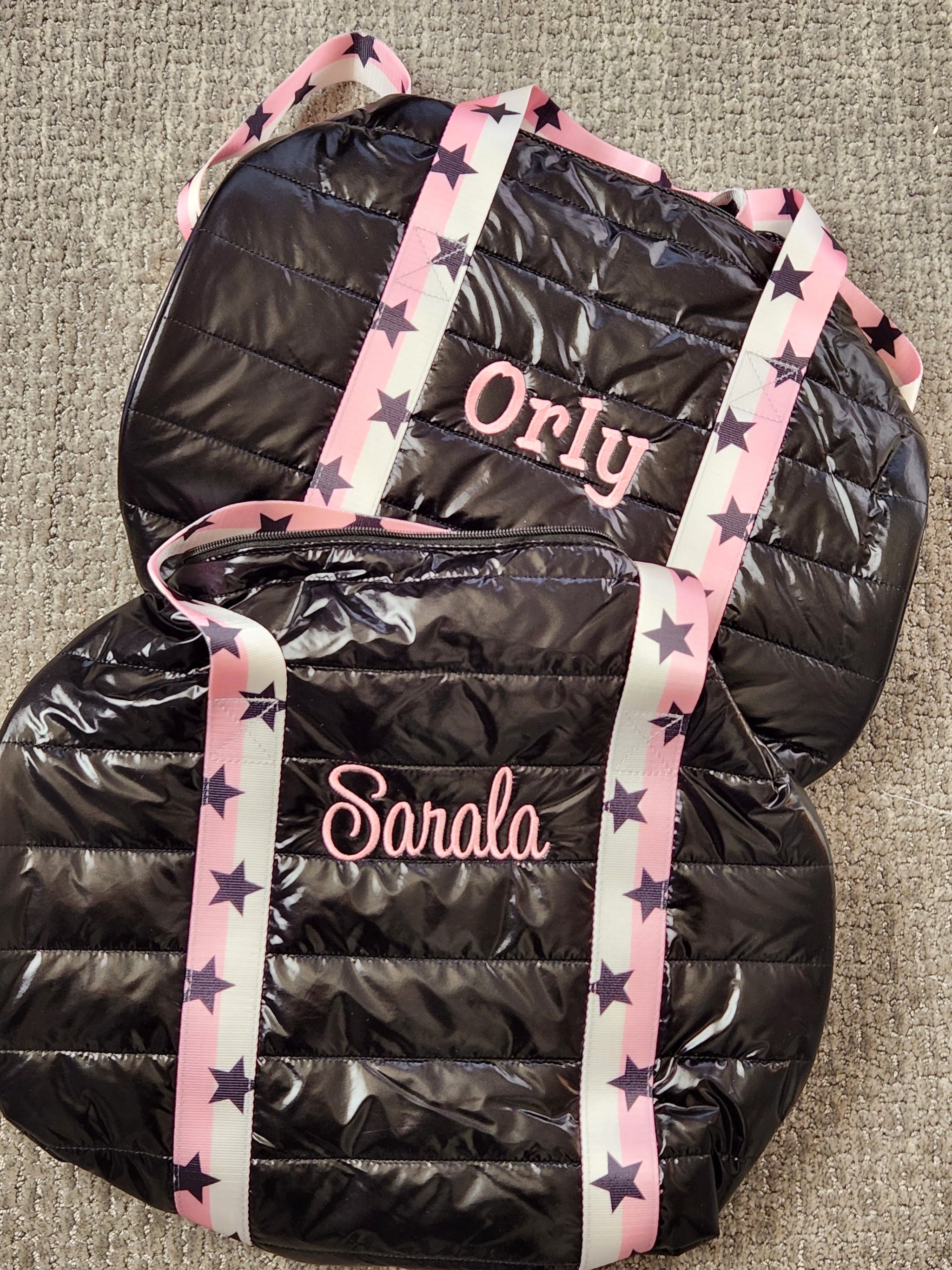 Black Puffer Duffle Bag Pink White Split Star Straps