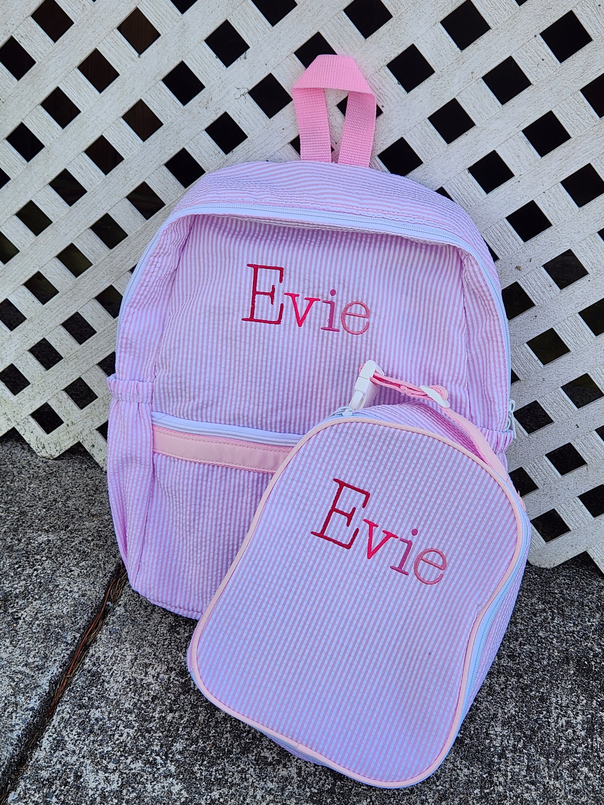 Pink Seersucker Girls Backpack with pockets