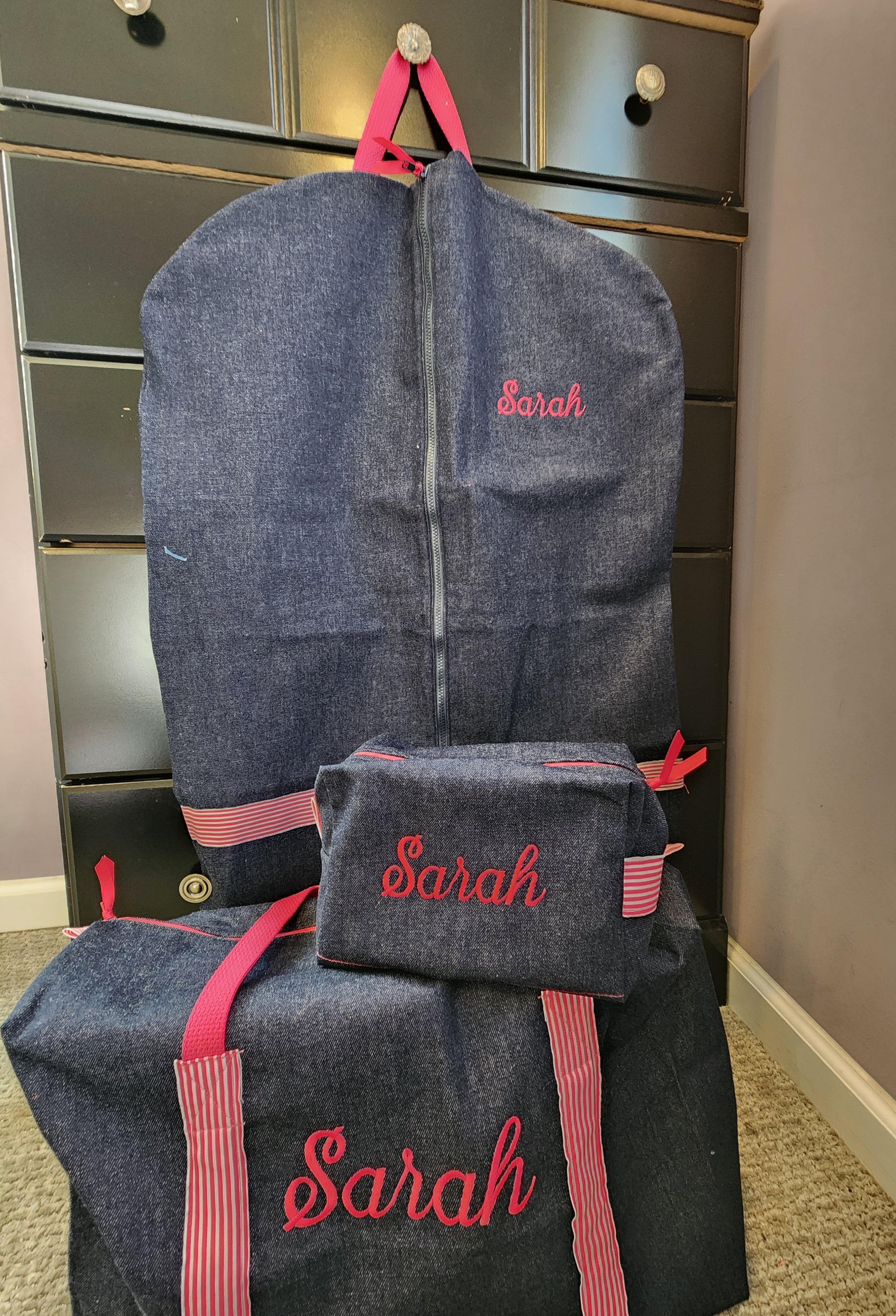 Denim and Hot Pink Stripe Toiletry Bag