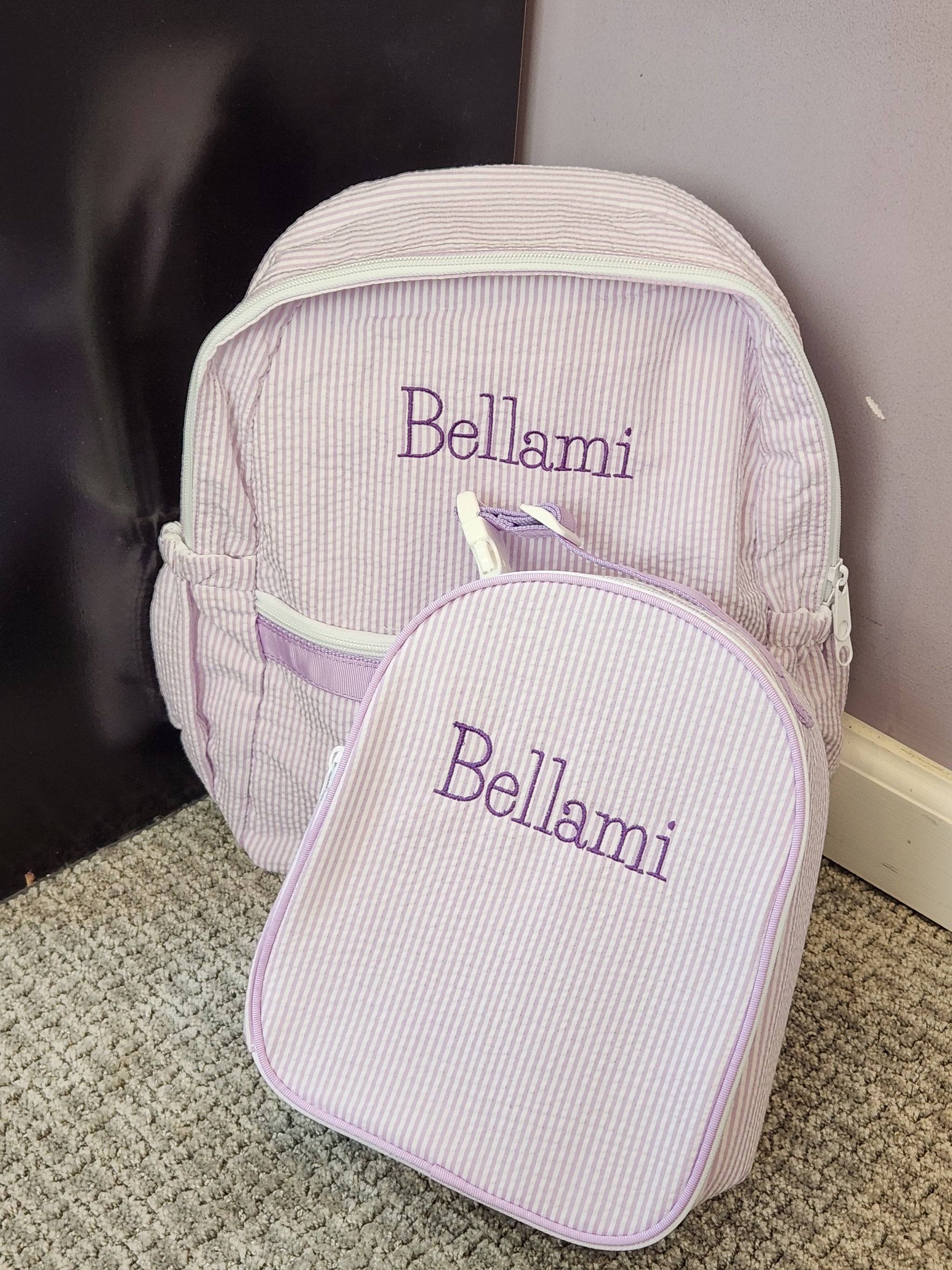 Purple Seersucker Girls Backpack with pockets