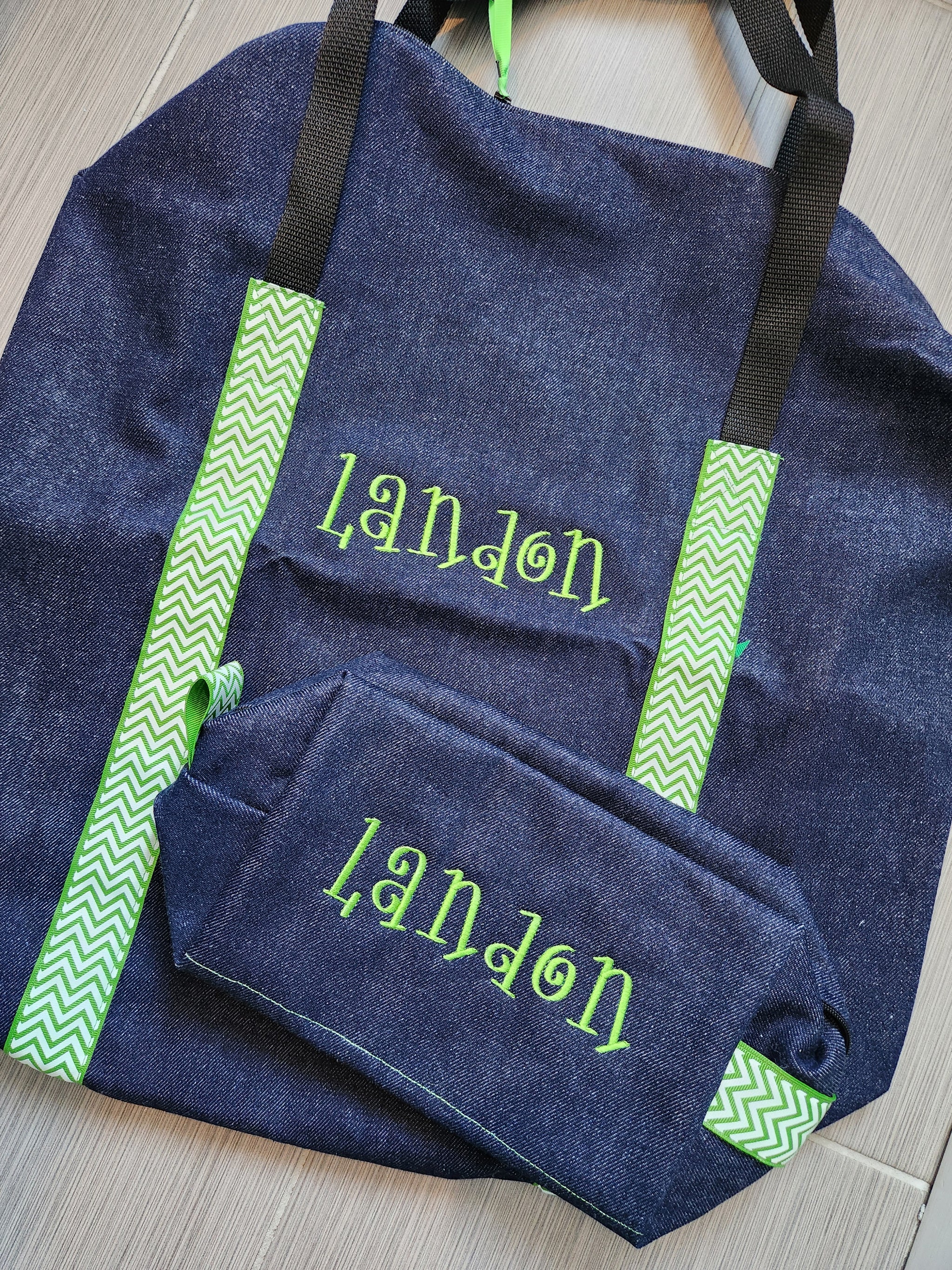 Denim with Green Chevron Duffle