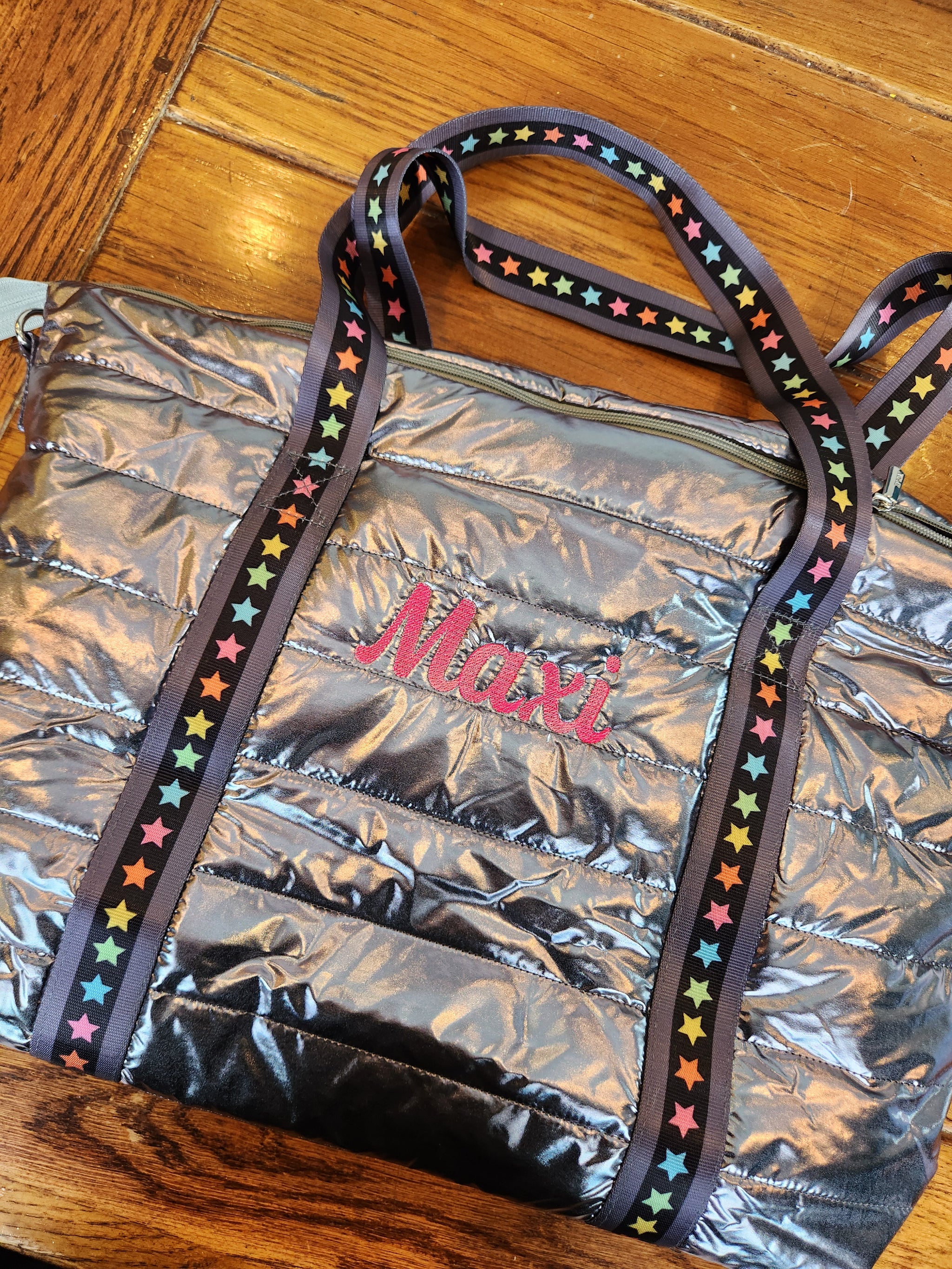 Gunmetal Puffer Tote w/ Multi-Color Star Straps