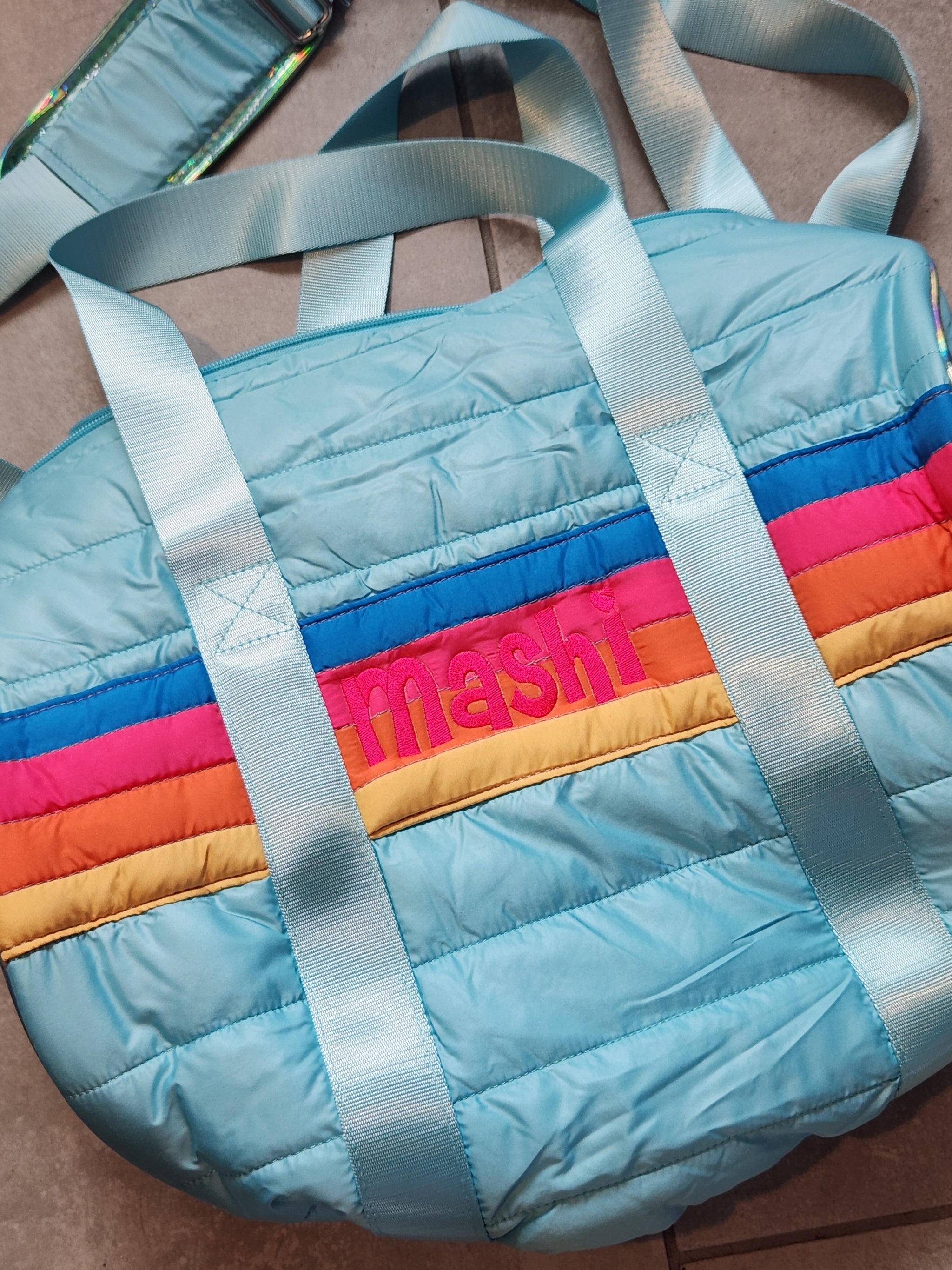 Blue Puffer Duffle Bag Retro Stripes