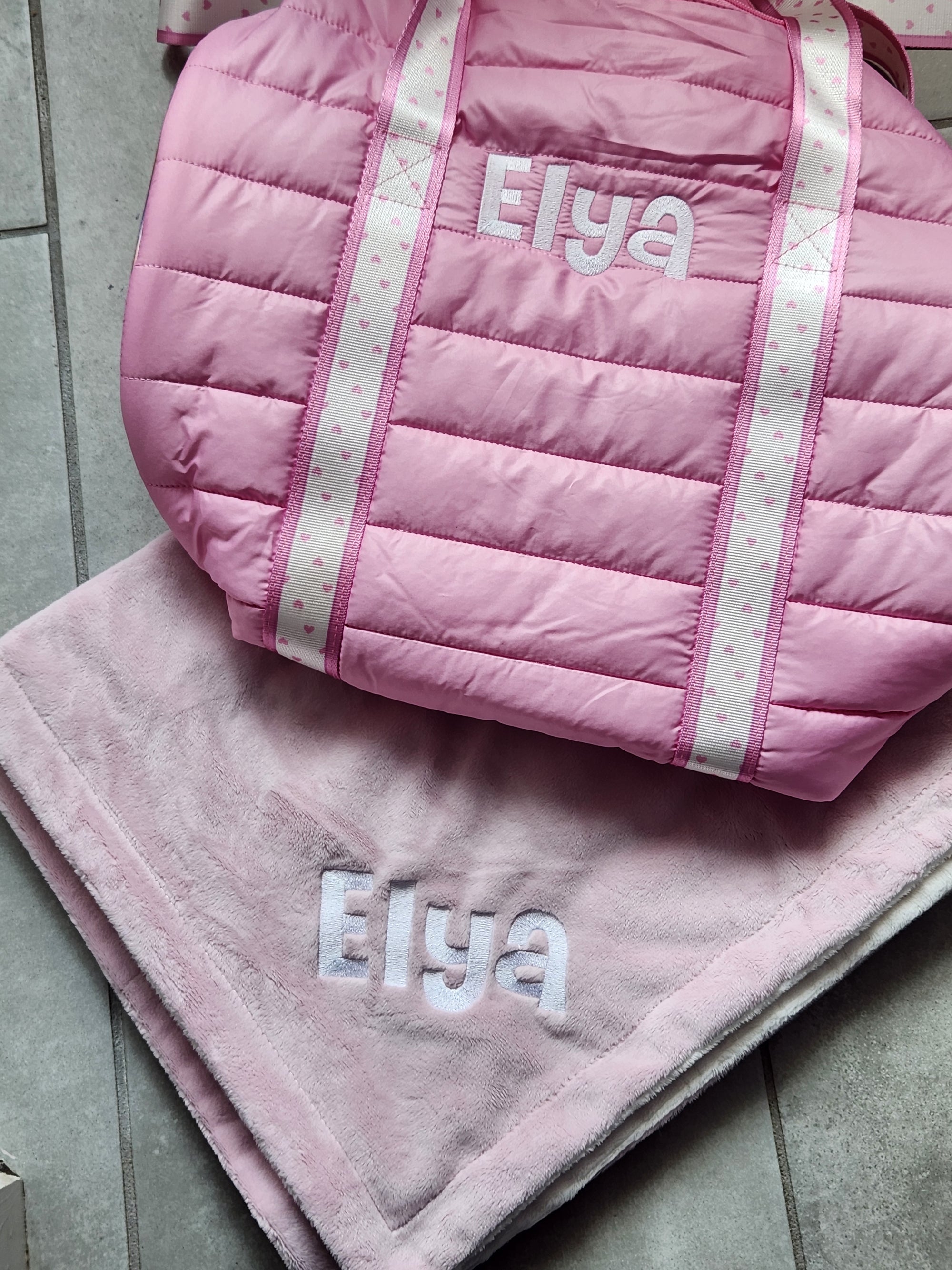 Pink Puffer Duffle Bag with Heart Stripe Strap