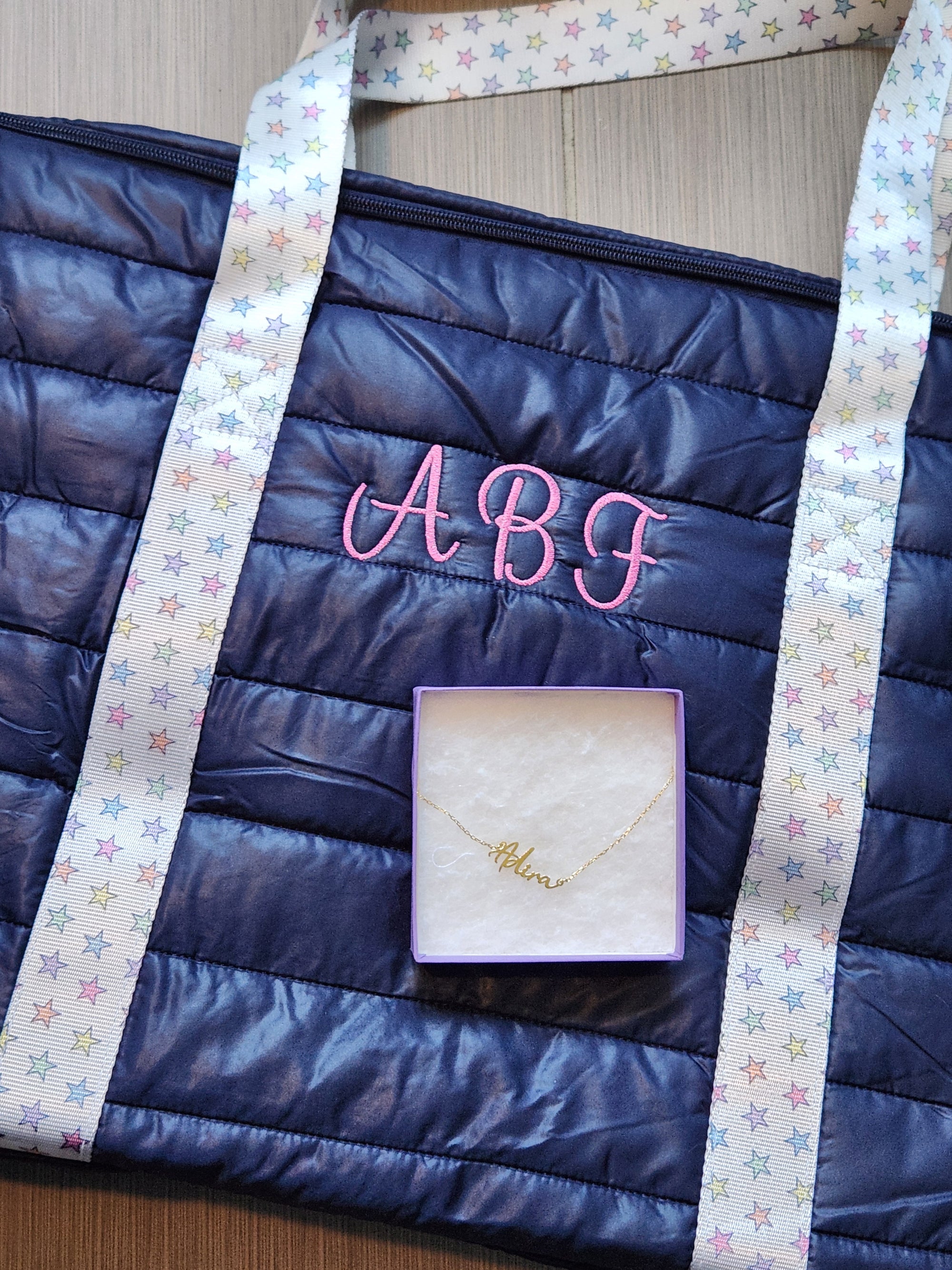 Navy Puffer Tote with Rainbow Star Strap