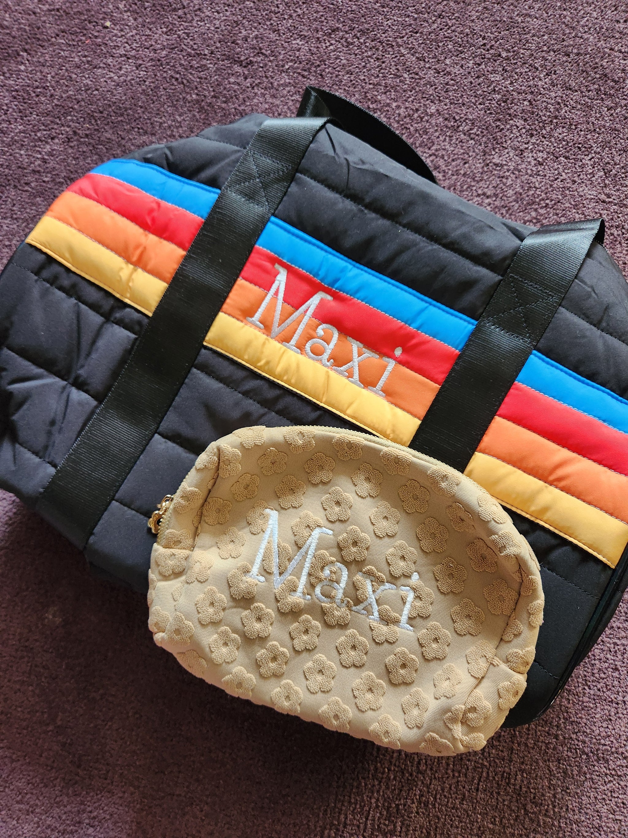Black Puffer Duffle Bag Retro Stripes