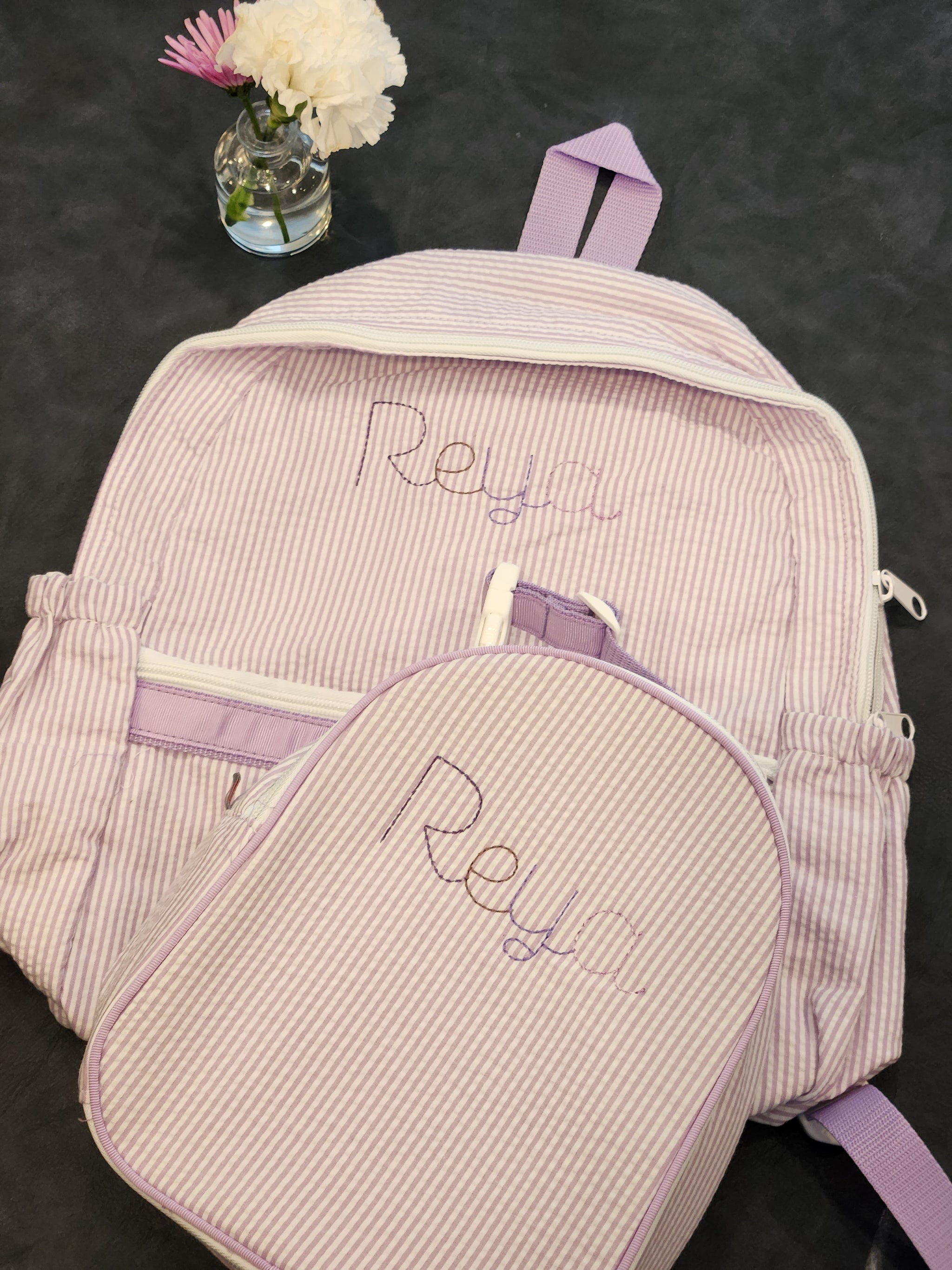 Purple Seersucker Girls Backpack with pockets