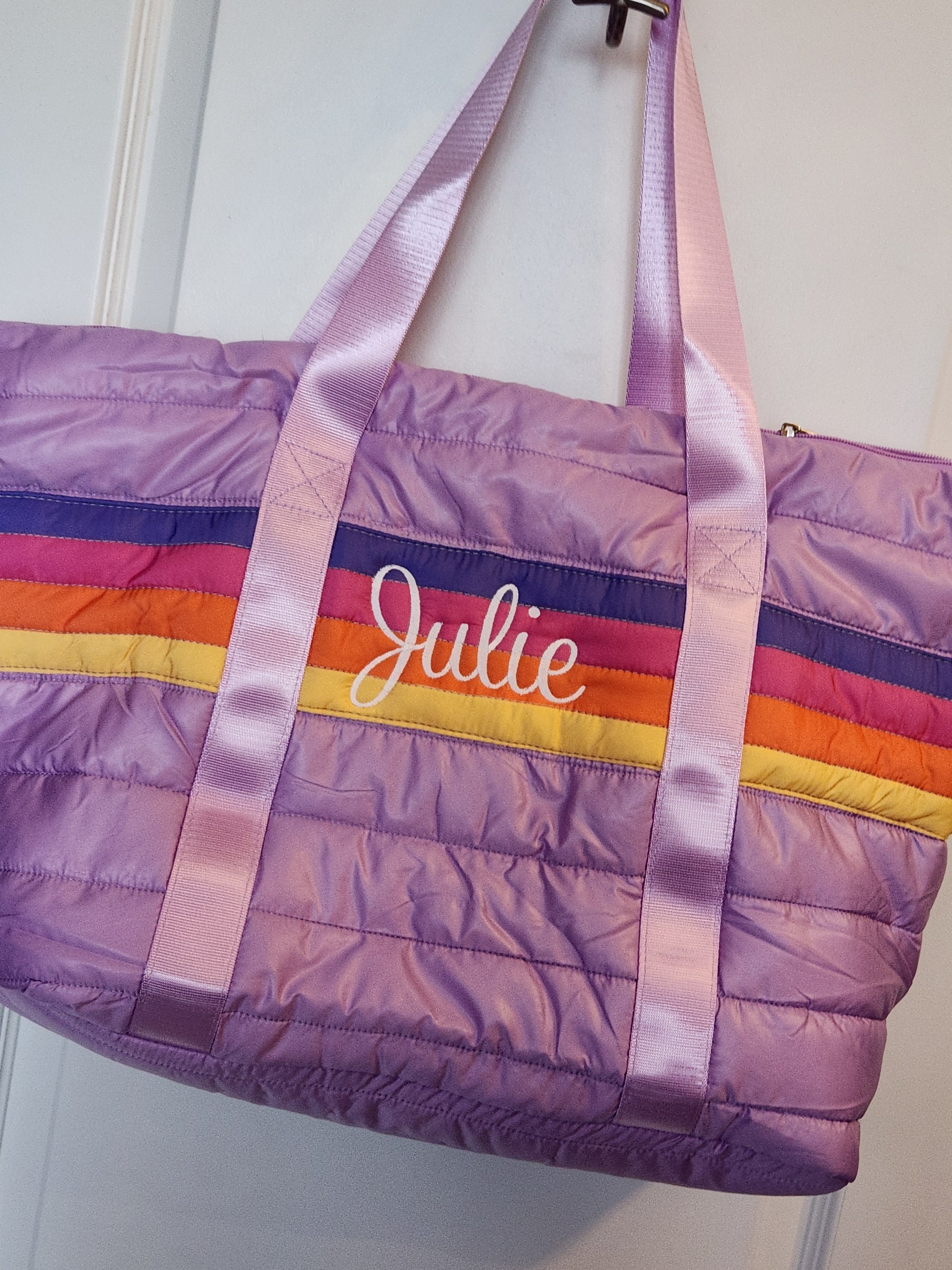 Purple Retro Stripe Puffer Weekender Tote Bag