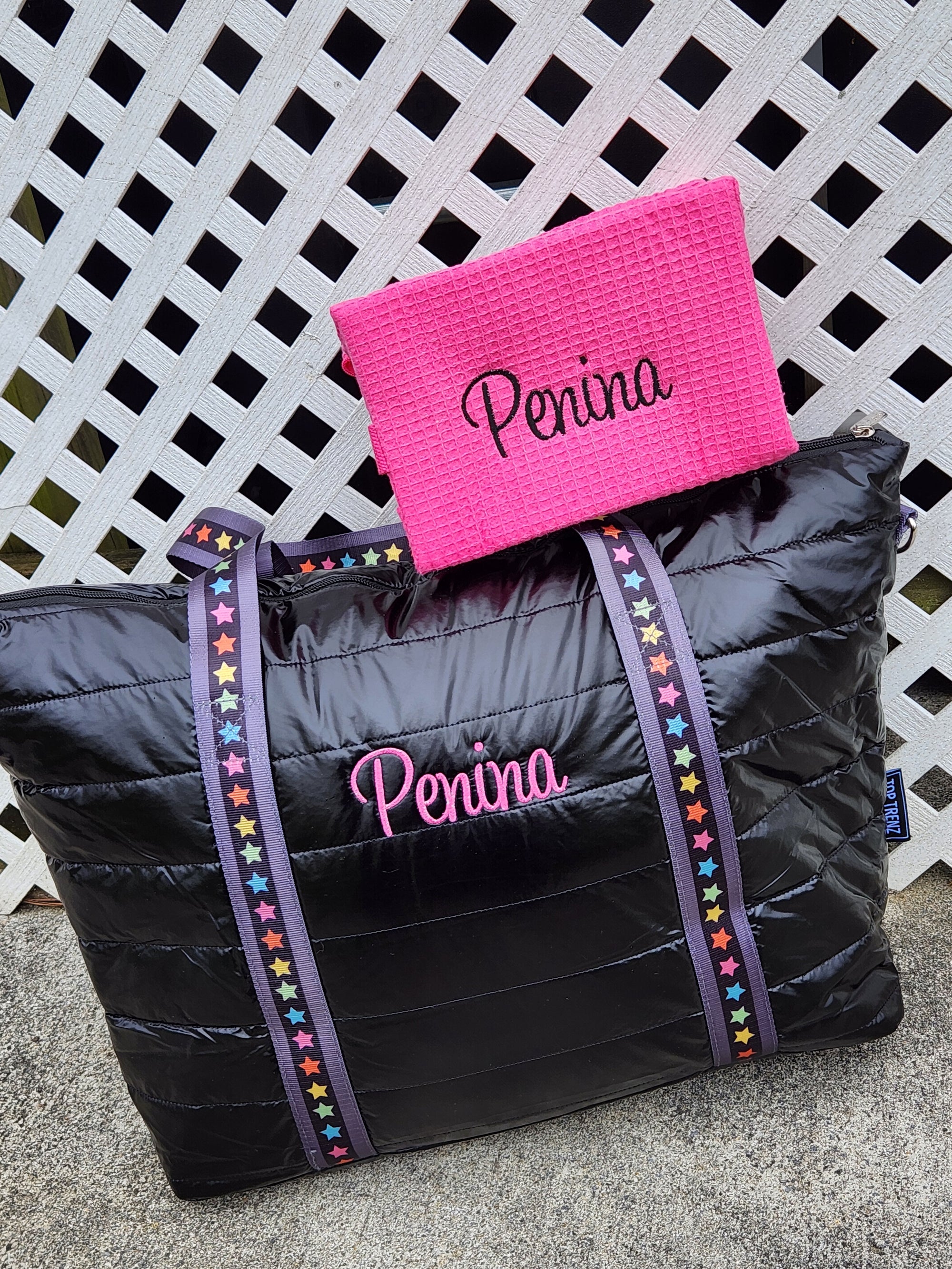 Black Puffer Weekender Tote w/ Multi Star Straps