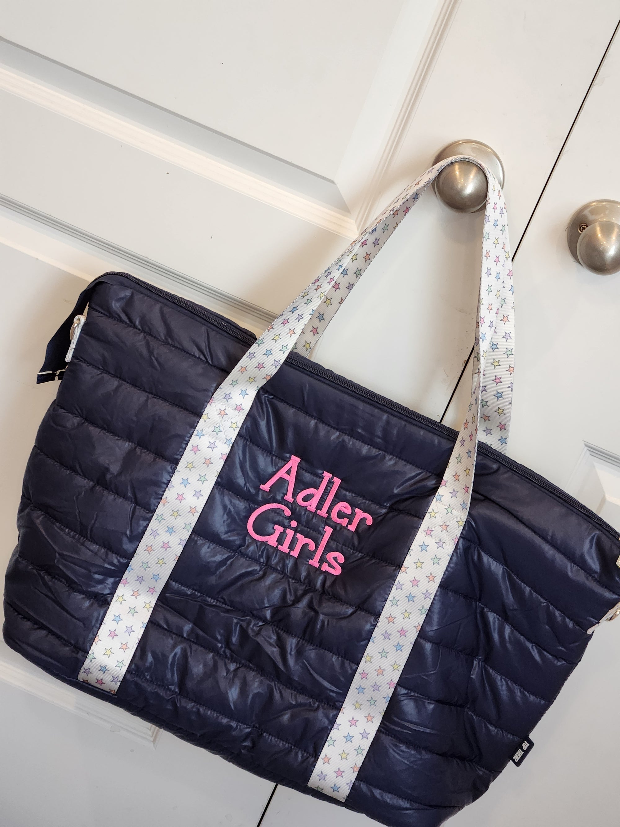 Navy Puffer Tote with Rainbow Star Strap