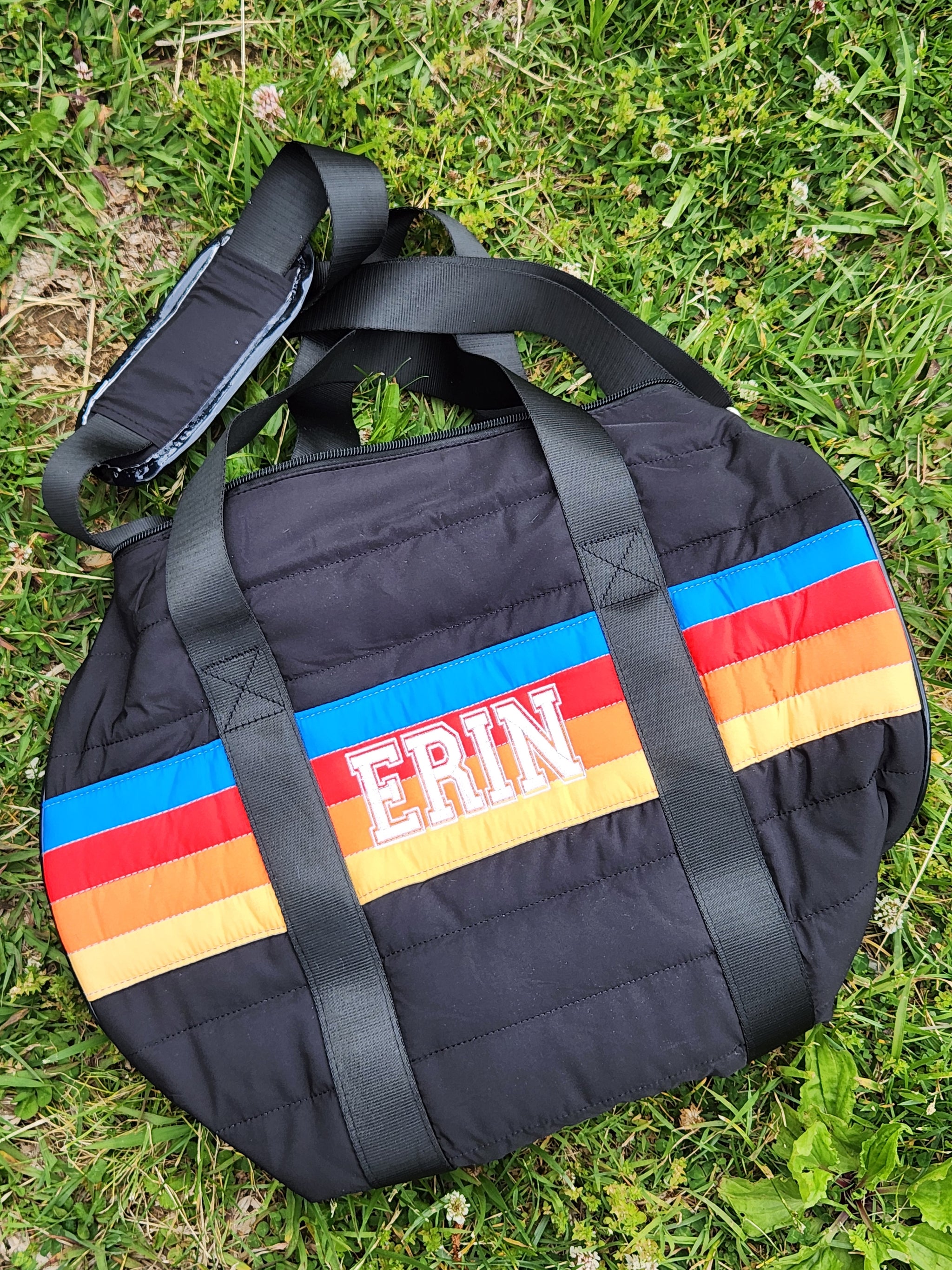 Black Puffer Duffle Bag Retro Stripes