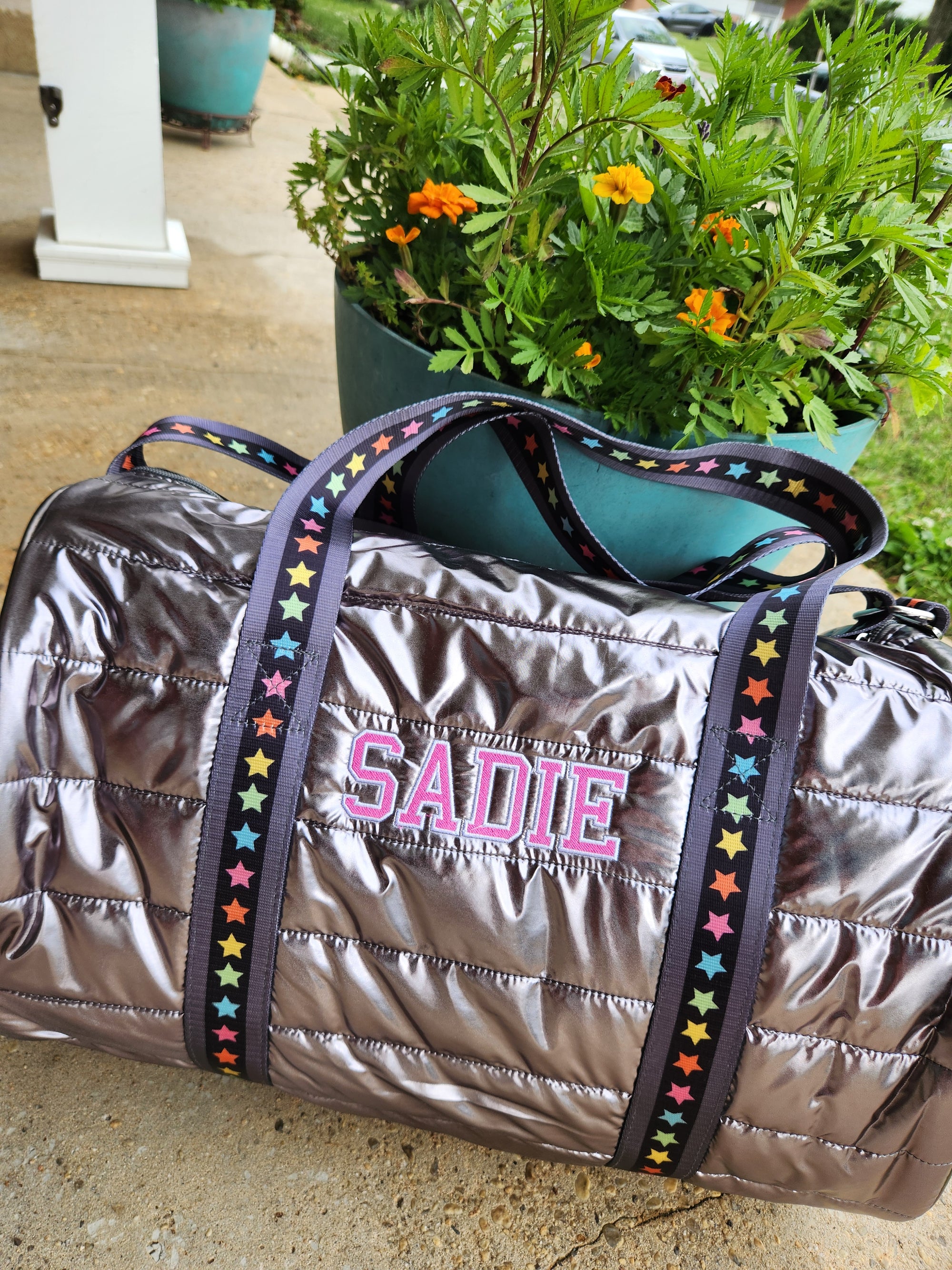 Gunmetal Puffer Duffle w/ Multi Star Straps
