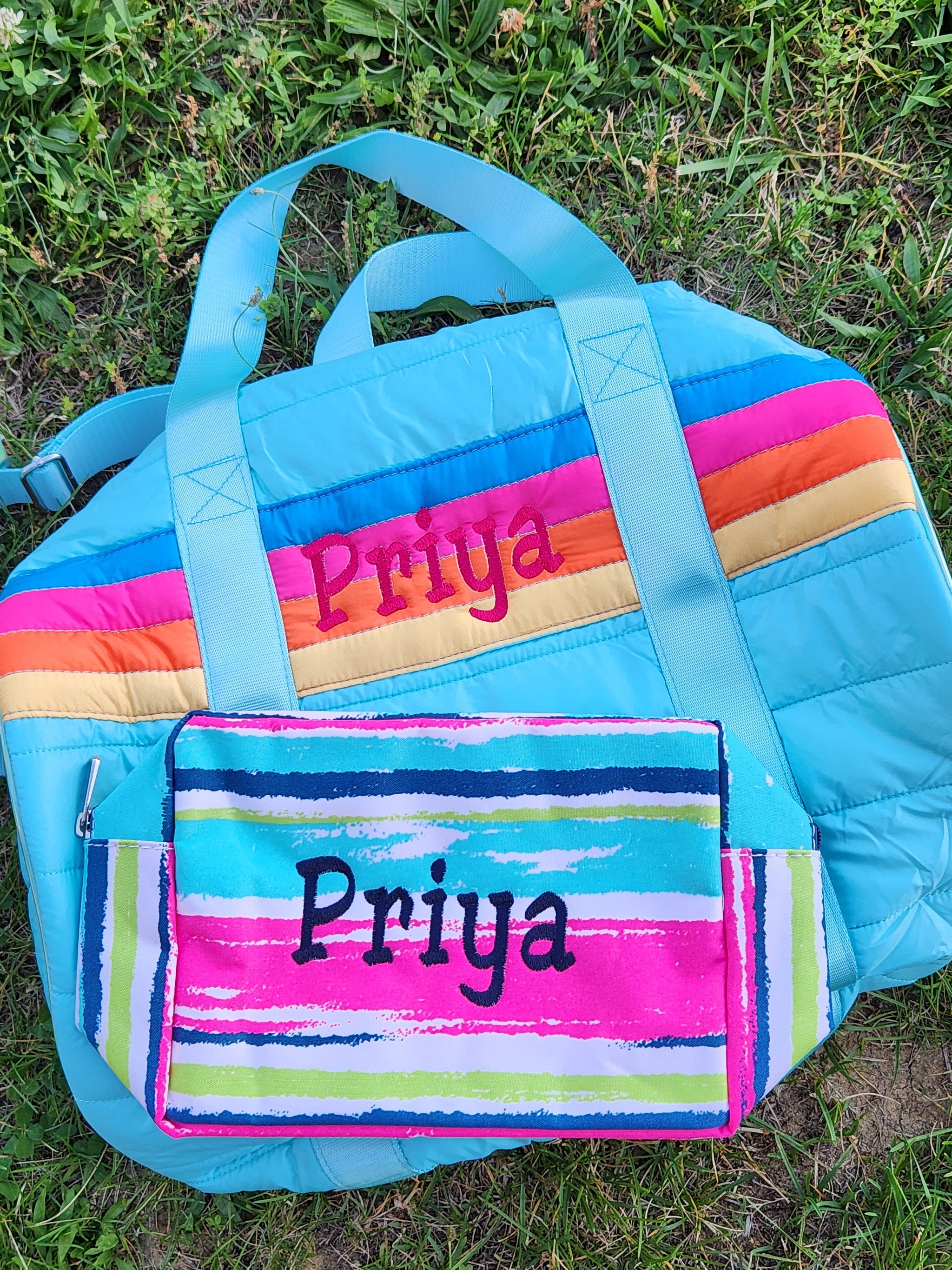 Blue Puffer Duffle Bag Retro Stripes