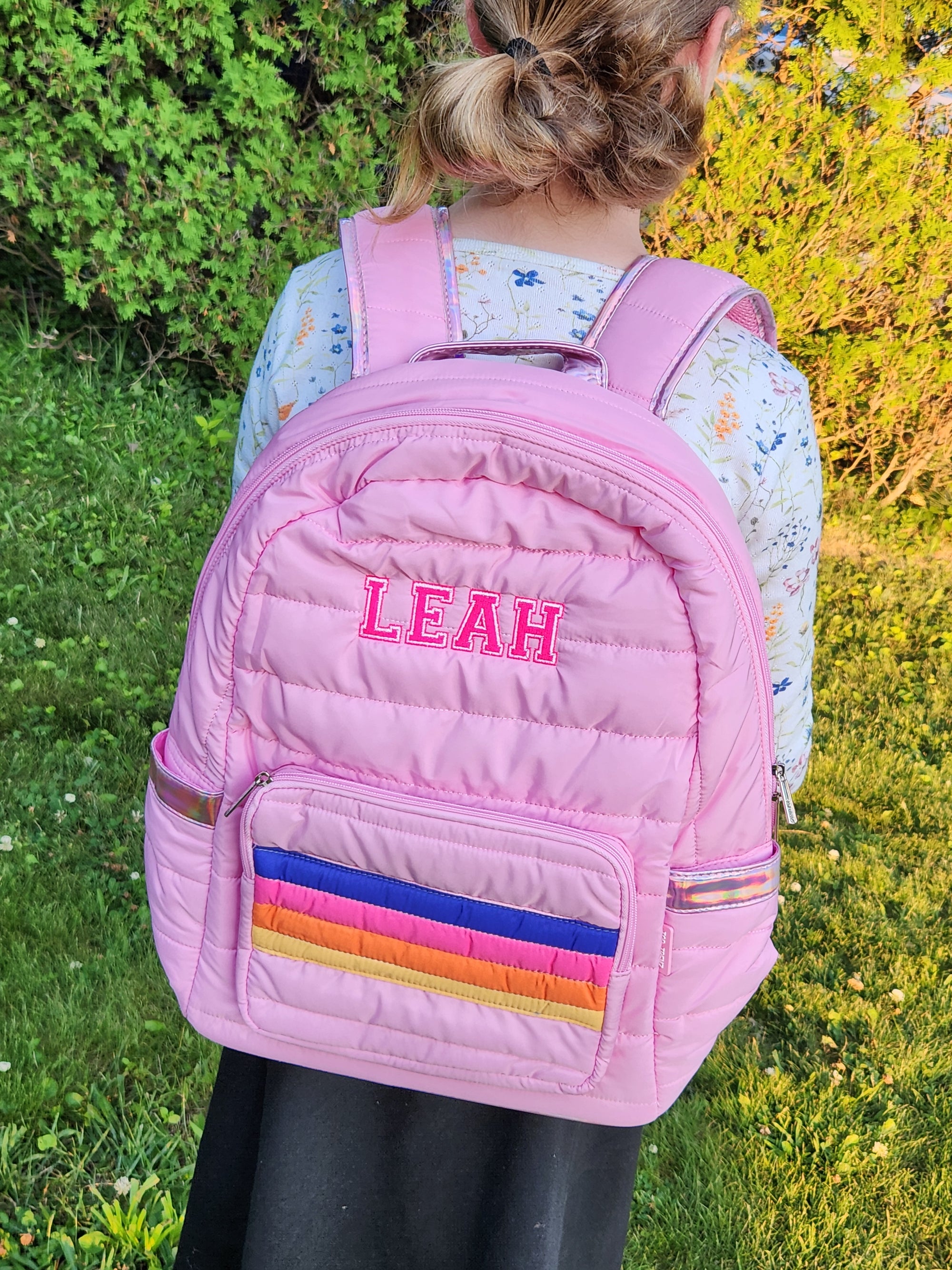 Pink Puffer Retro Stripes Girls Backpack