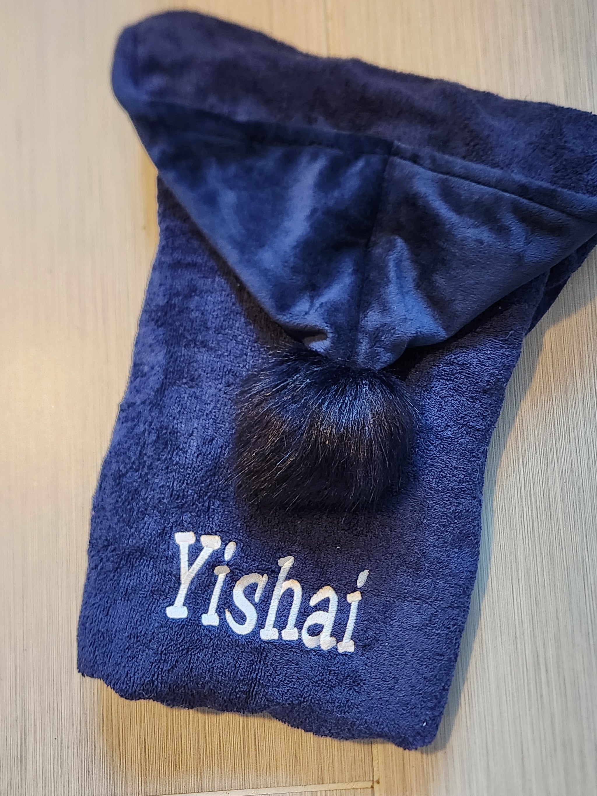 Navy Pompom Boys Hooded Towel