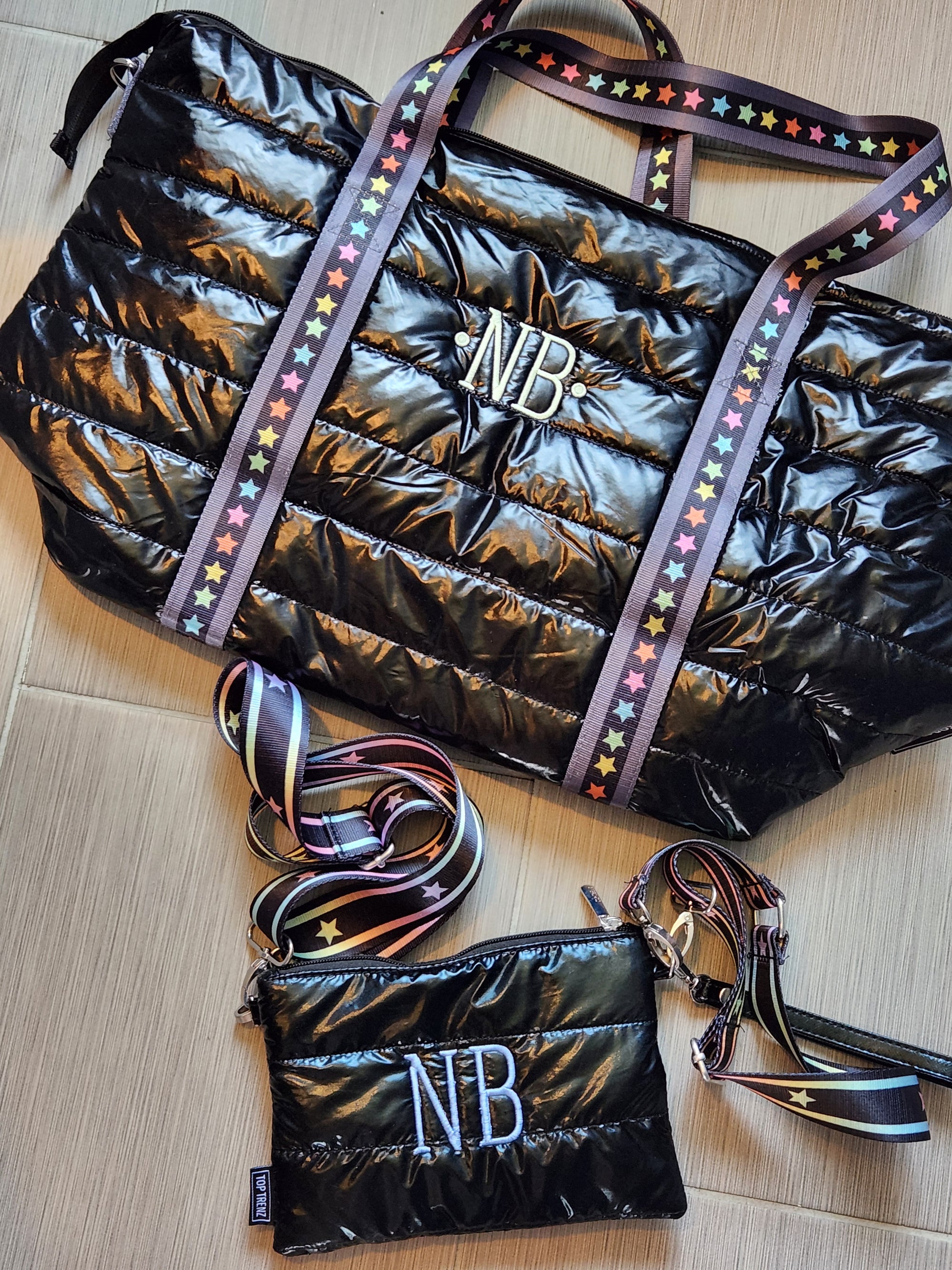 Black Puffer Weekender Tote w/ Multi Star Straps