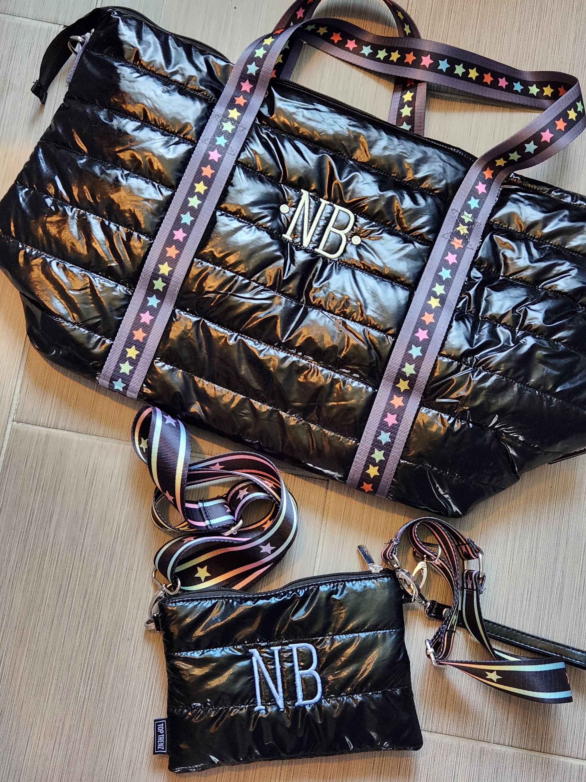 Black Puffer Weekender Tote w/ Multi Star Straps