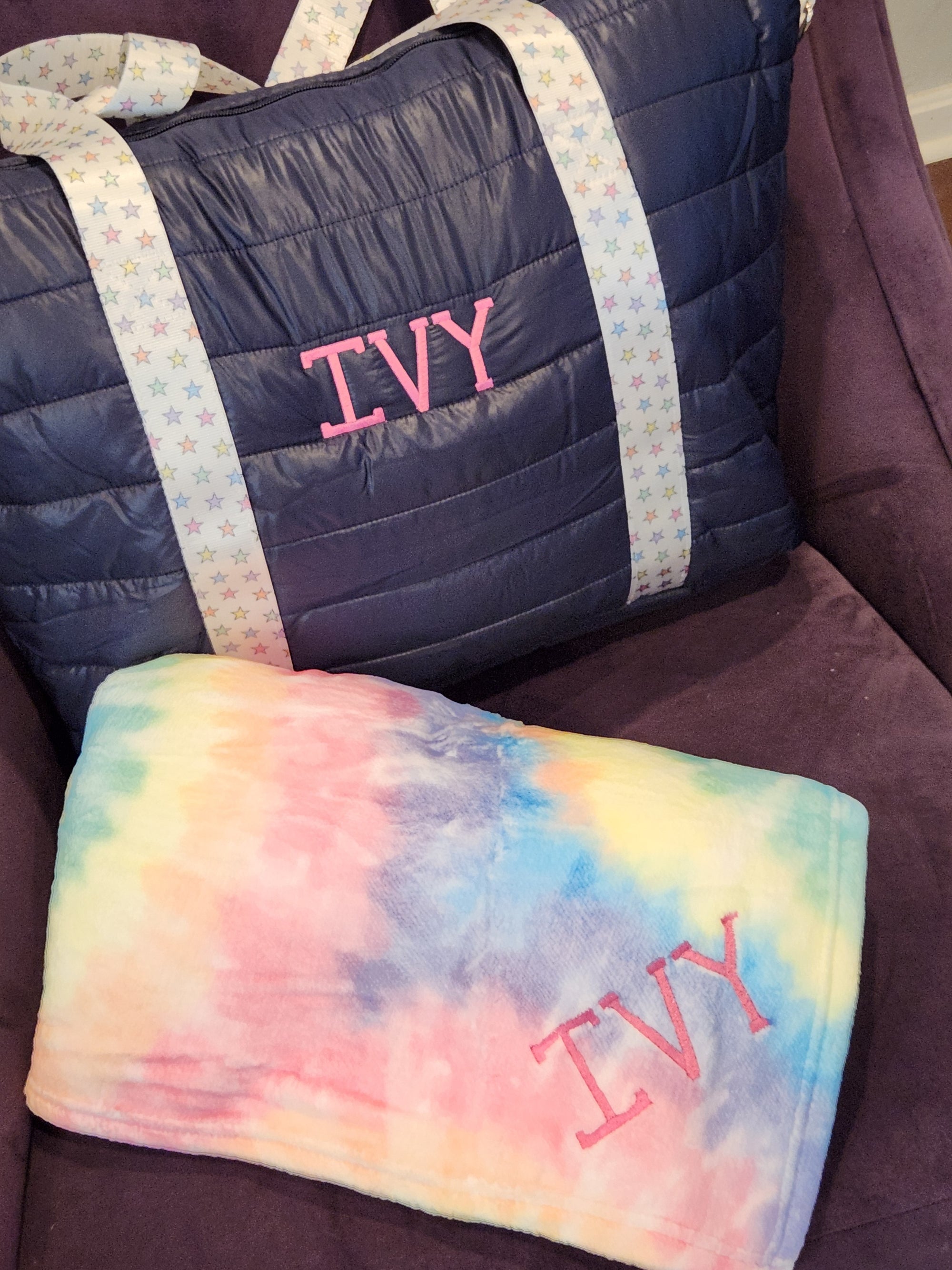 Navy Puffer Tote with Rainbow Star Strap