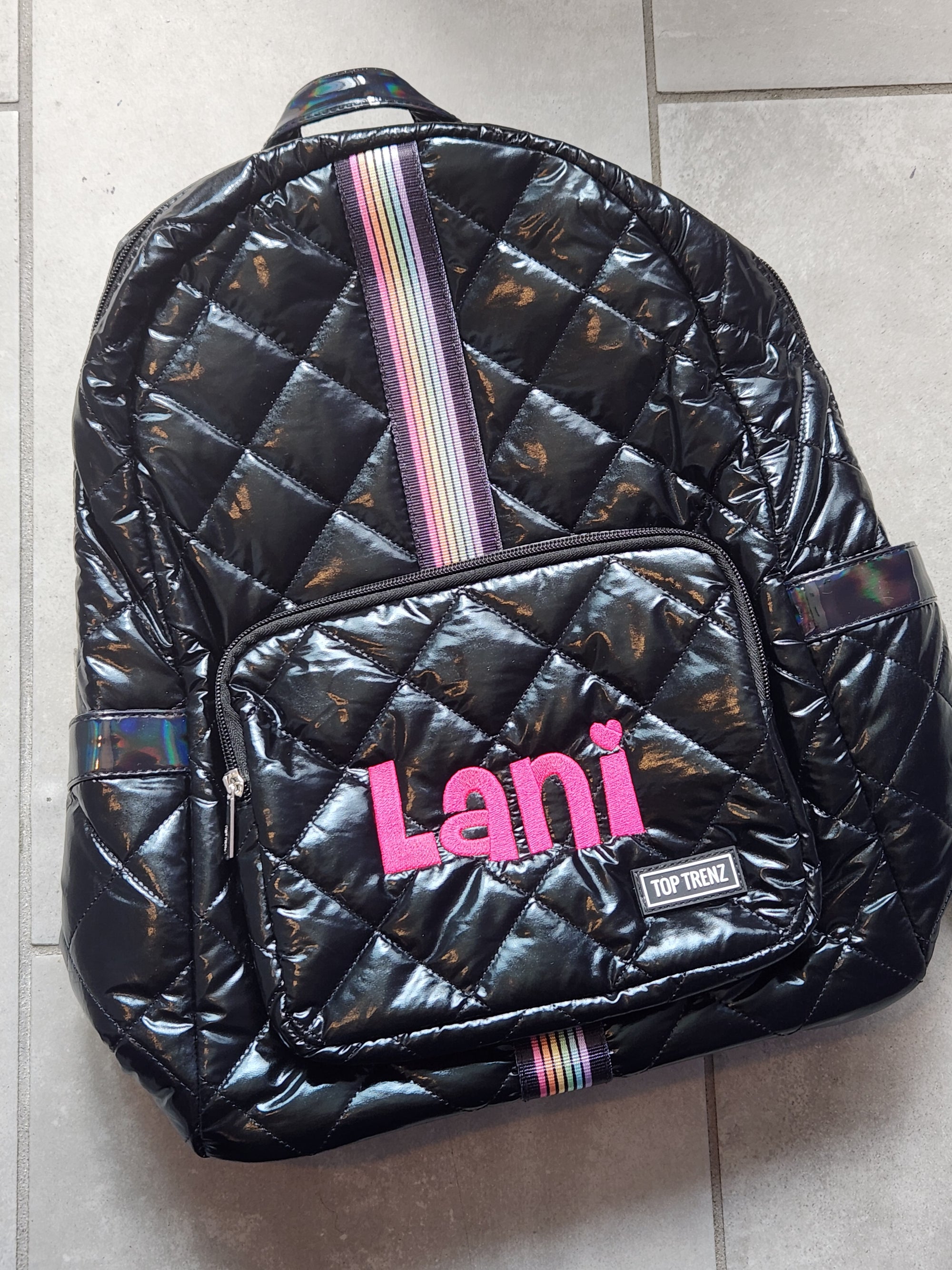Black Diamond Stitch Puffer Girls Backpack Rainbow Track Strap