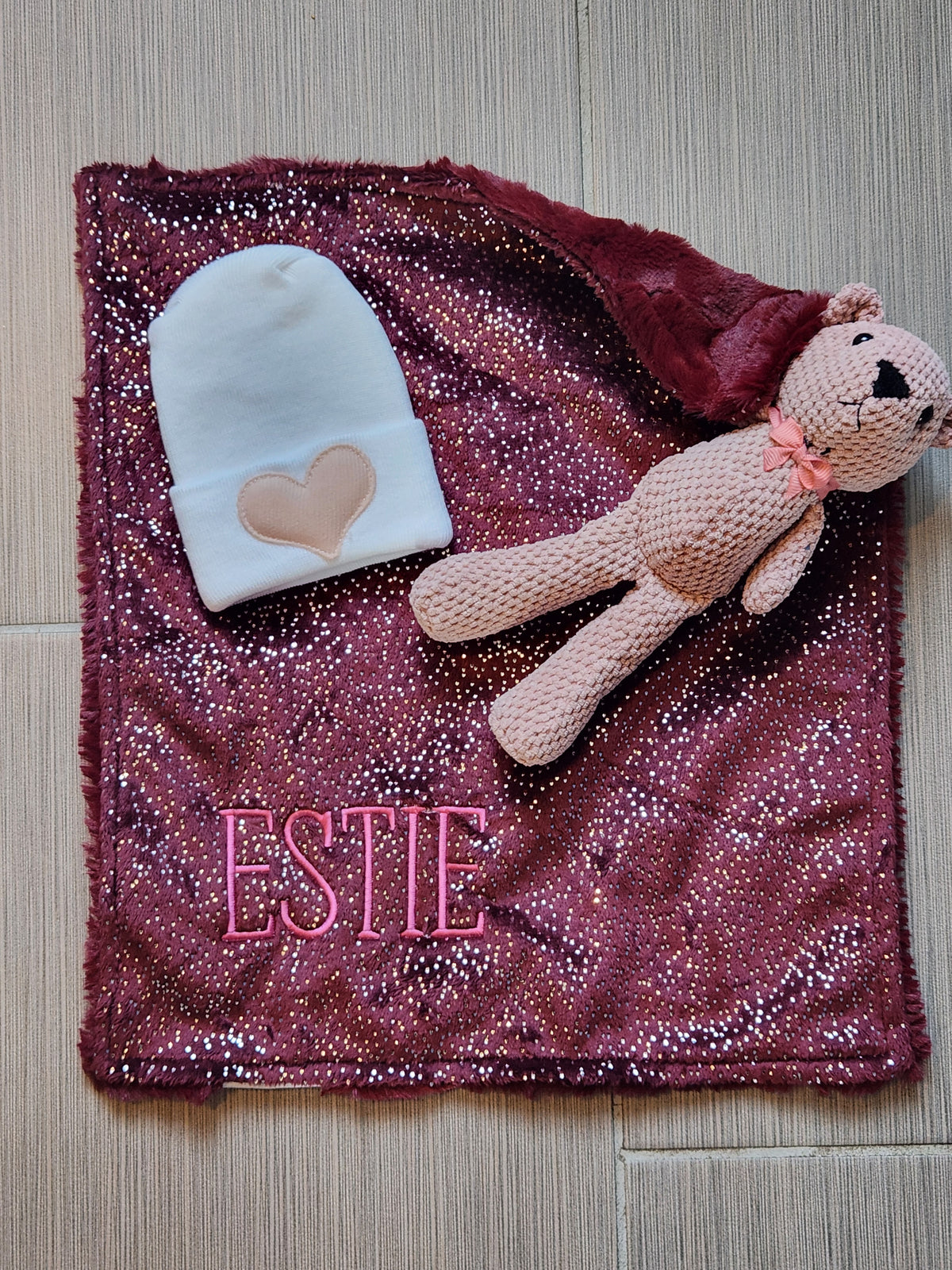 Glitter Merlot Girls Lovie with Mauve Teddy Bear