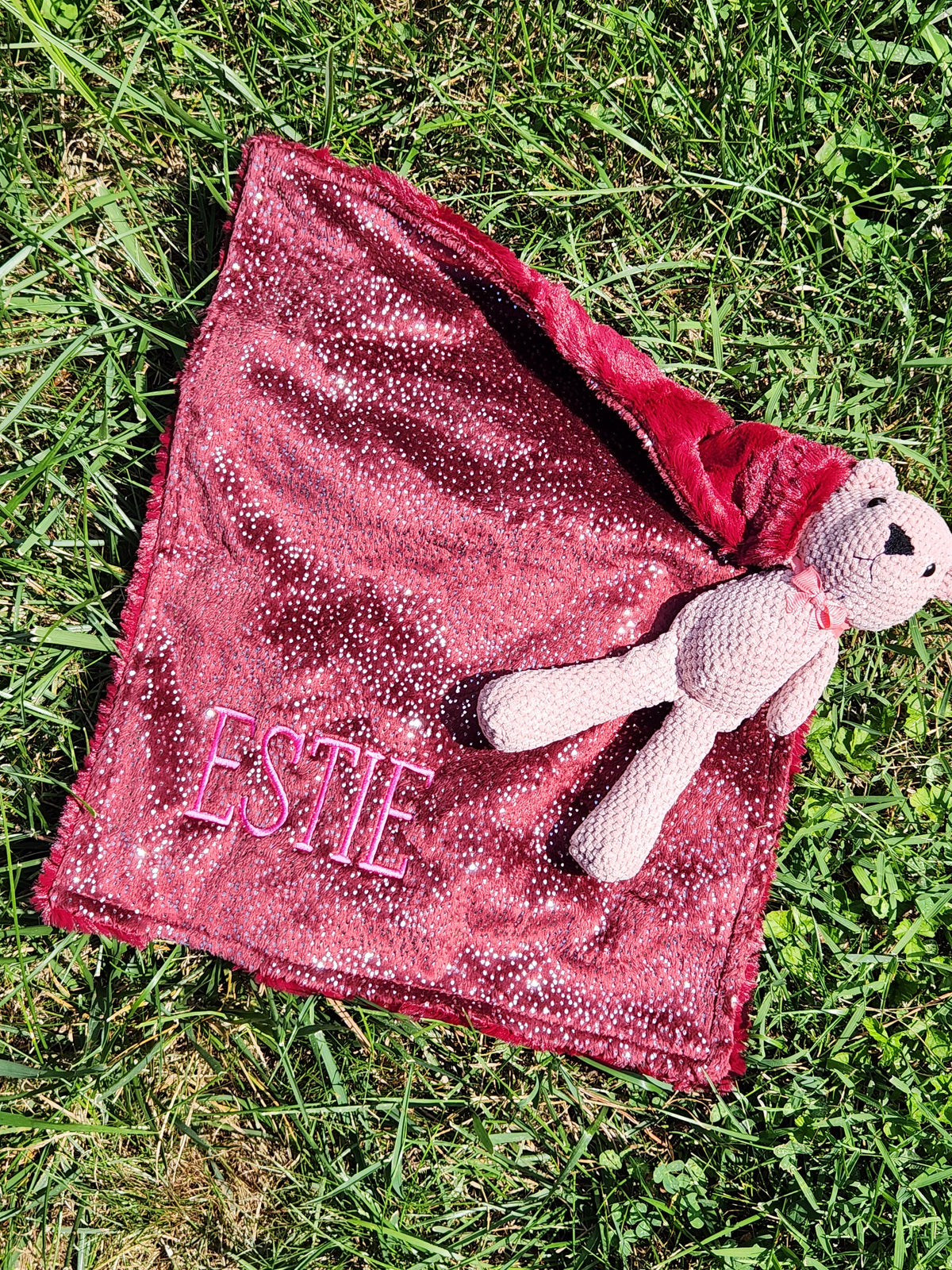 Glitter Merlot Girls Lovie with Mauve Teddy Bear