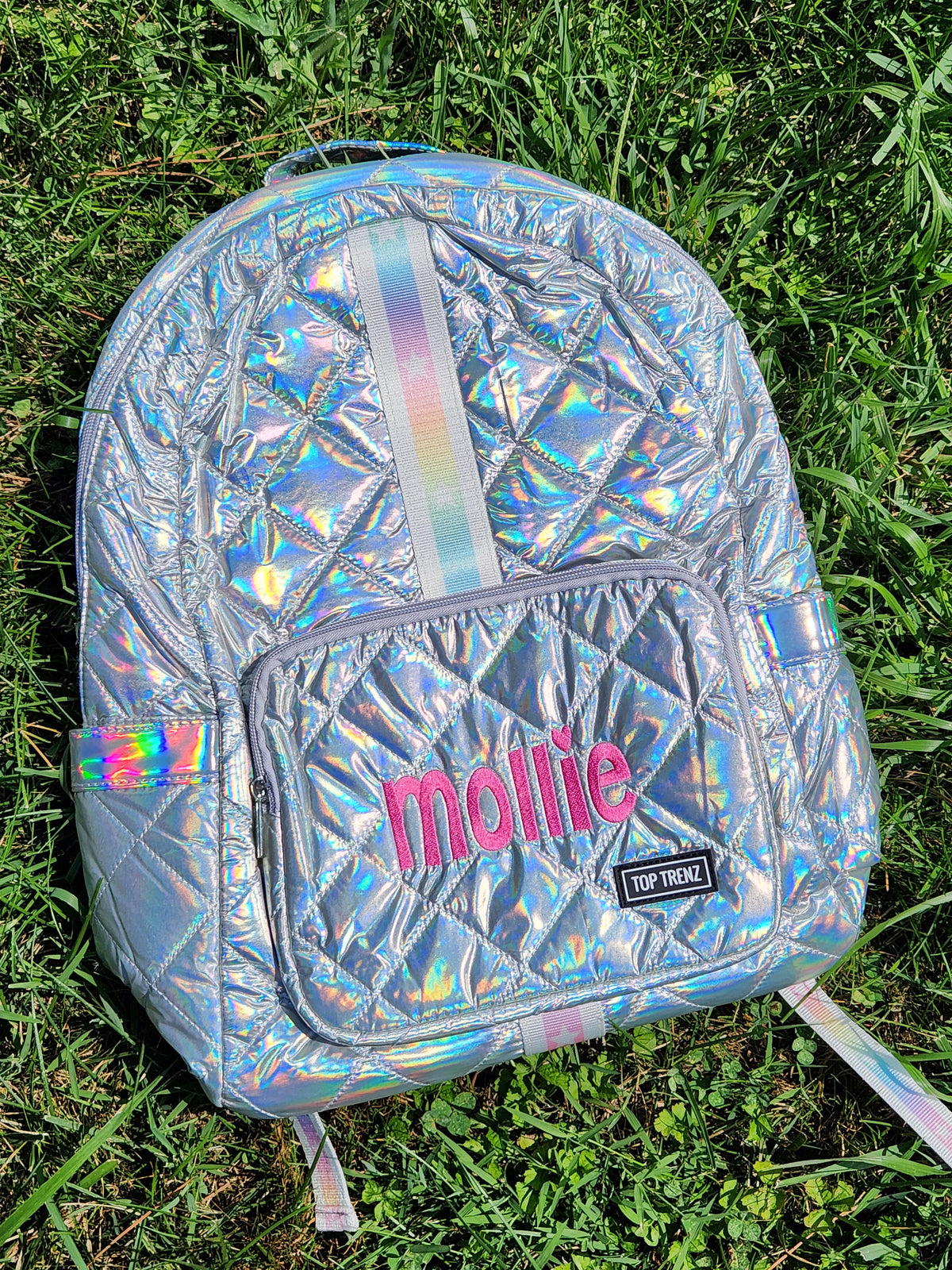 Iridescent Diamond Stitch Puffer Girls Backpack w/ Gradient Star Strap