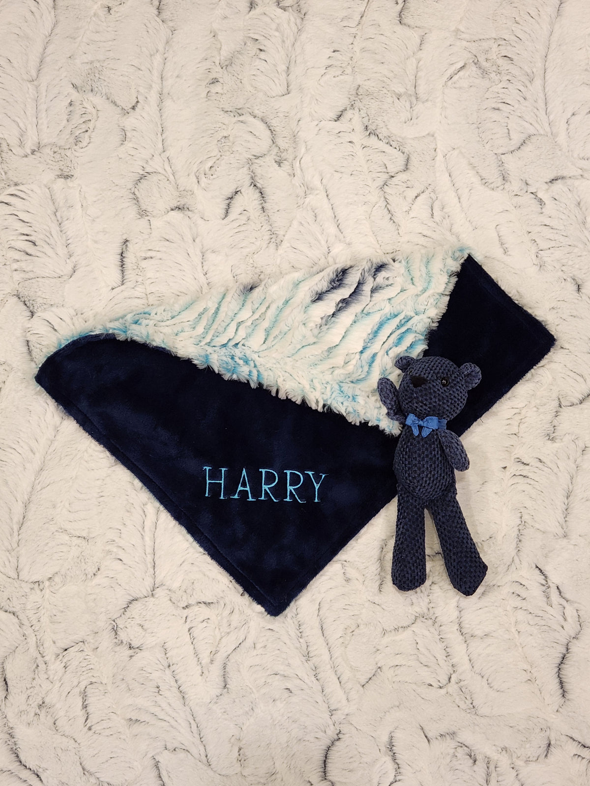 Zebra Aqua and Navy Boys Lovie With Teddy Bear