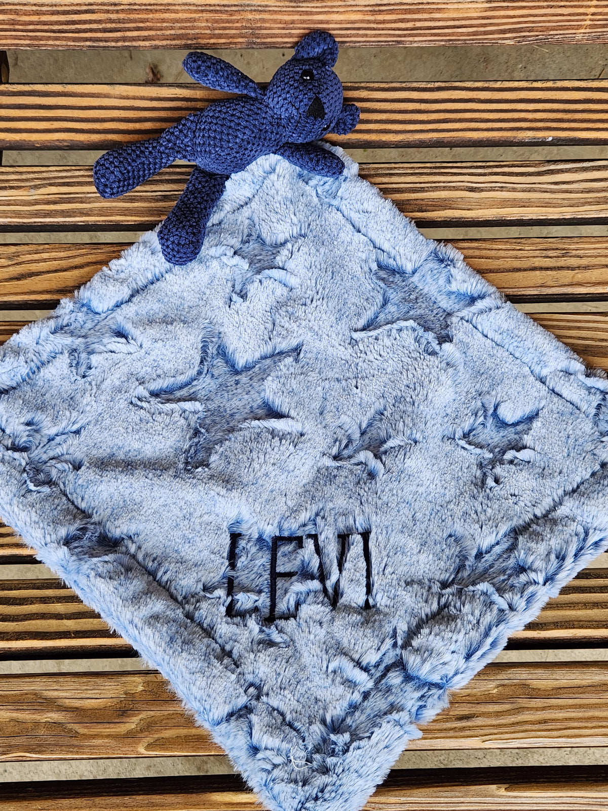 Frosted Navy Chambray Stars Bear Boys Minky Lovey