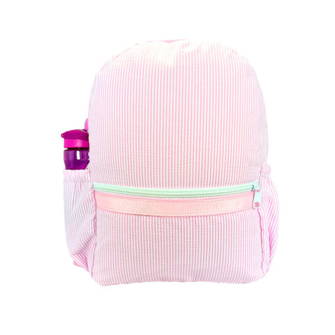 Pink Seersucker Backpack with pockets