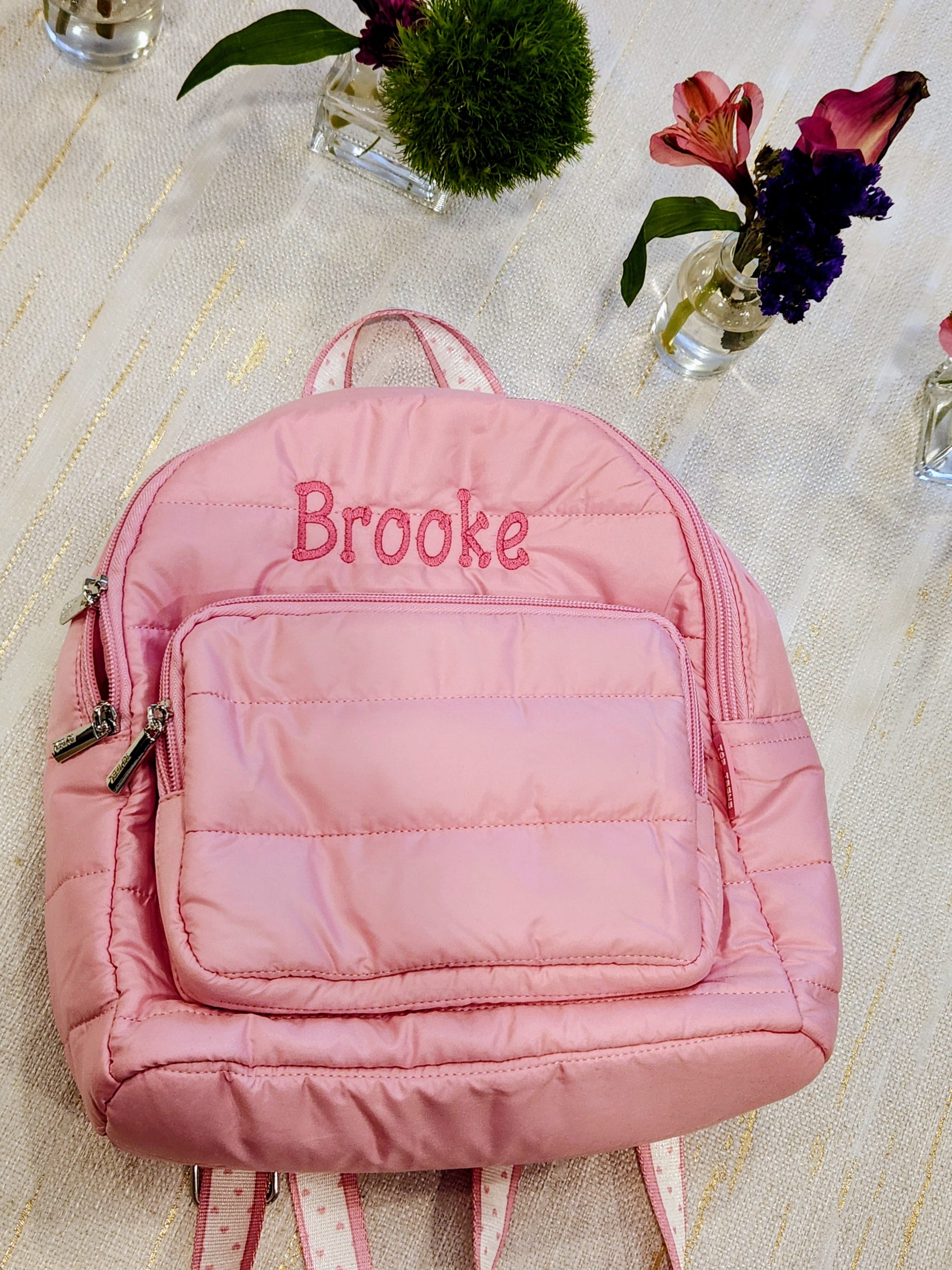 Pink Puffer Girls Mini Backpack with Heart Straps