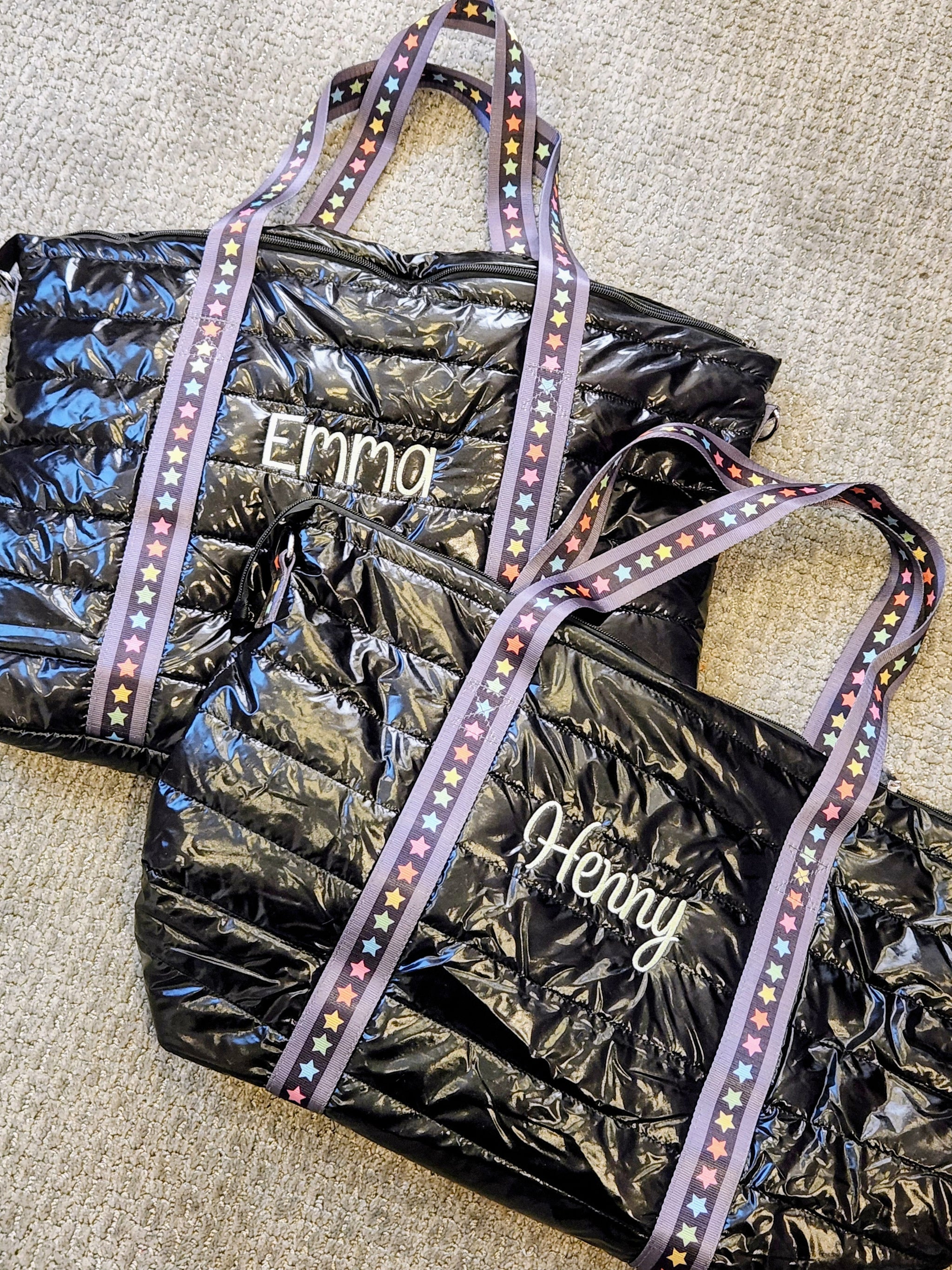 Black Puffer Weekender Tote w/ Multi Star Straps