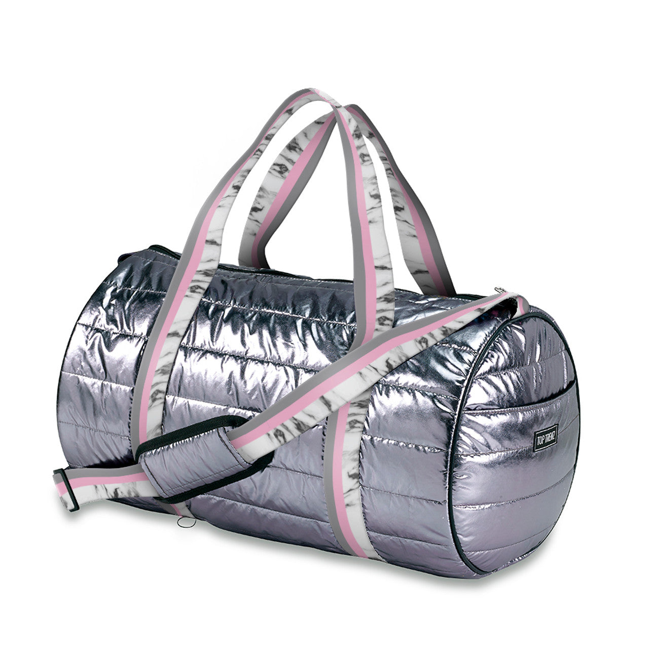 Gunmetal Puffer Duffle White Marble Stripe Straps