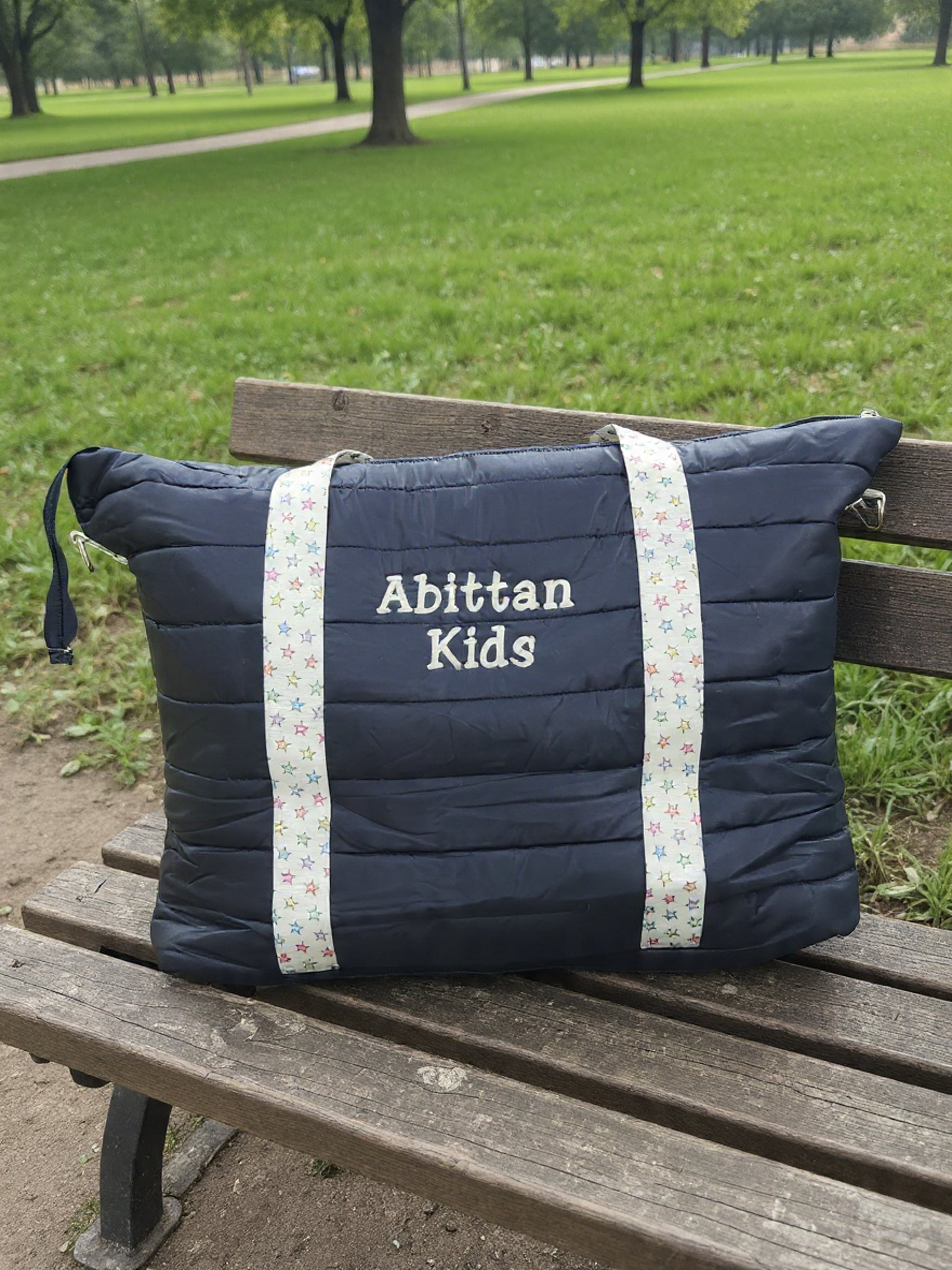Navy Puffer Tote with Rainbow Star Strap