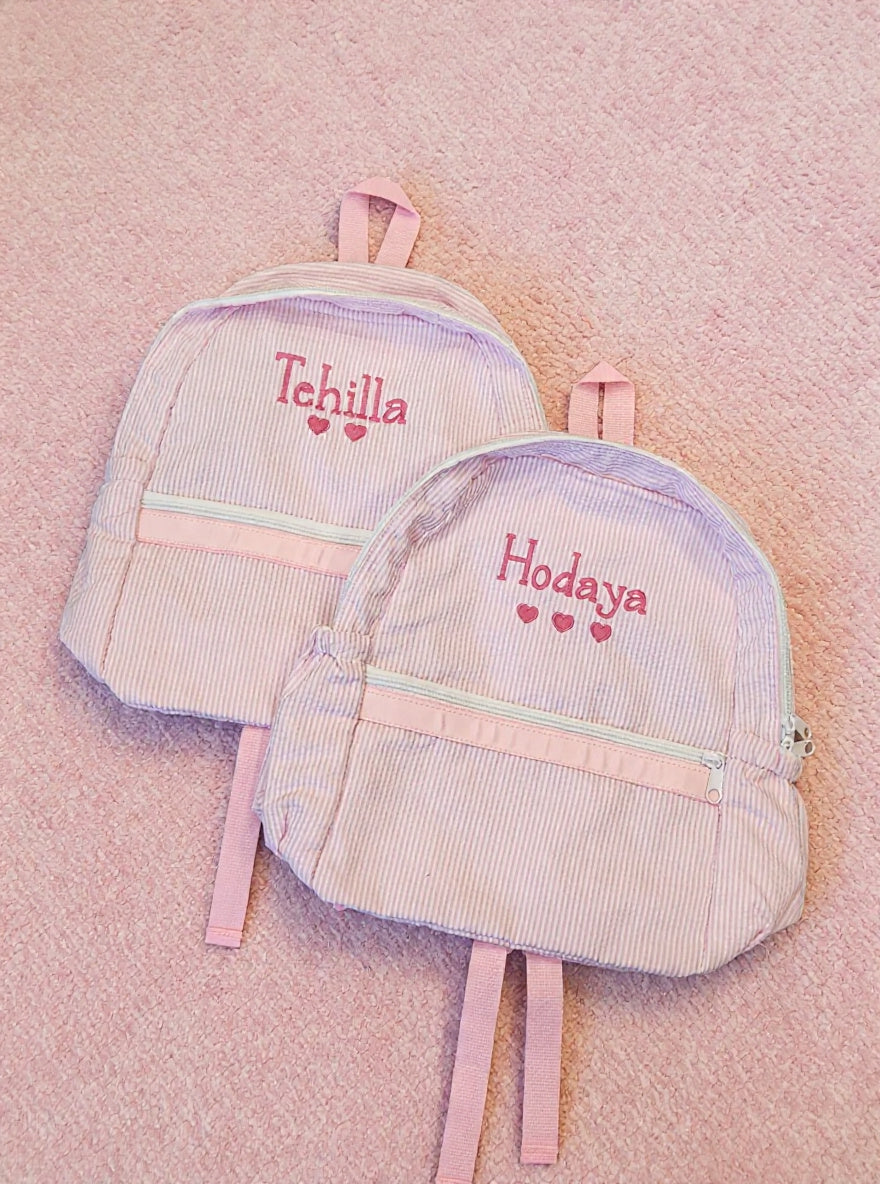Pink Seersucker Girls Backpack with pockets