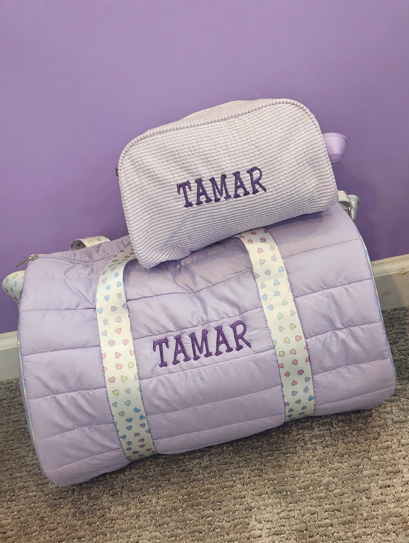 Purple Puffer Duffle with Rainbow Heart Strap