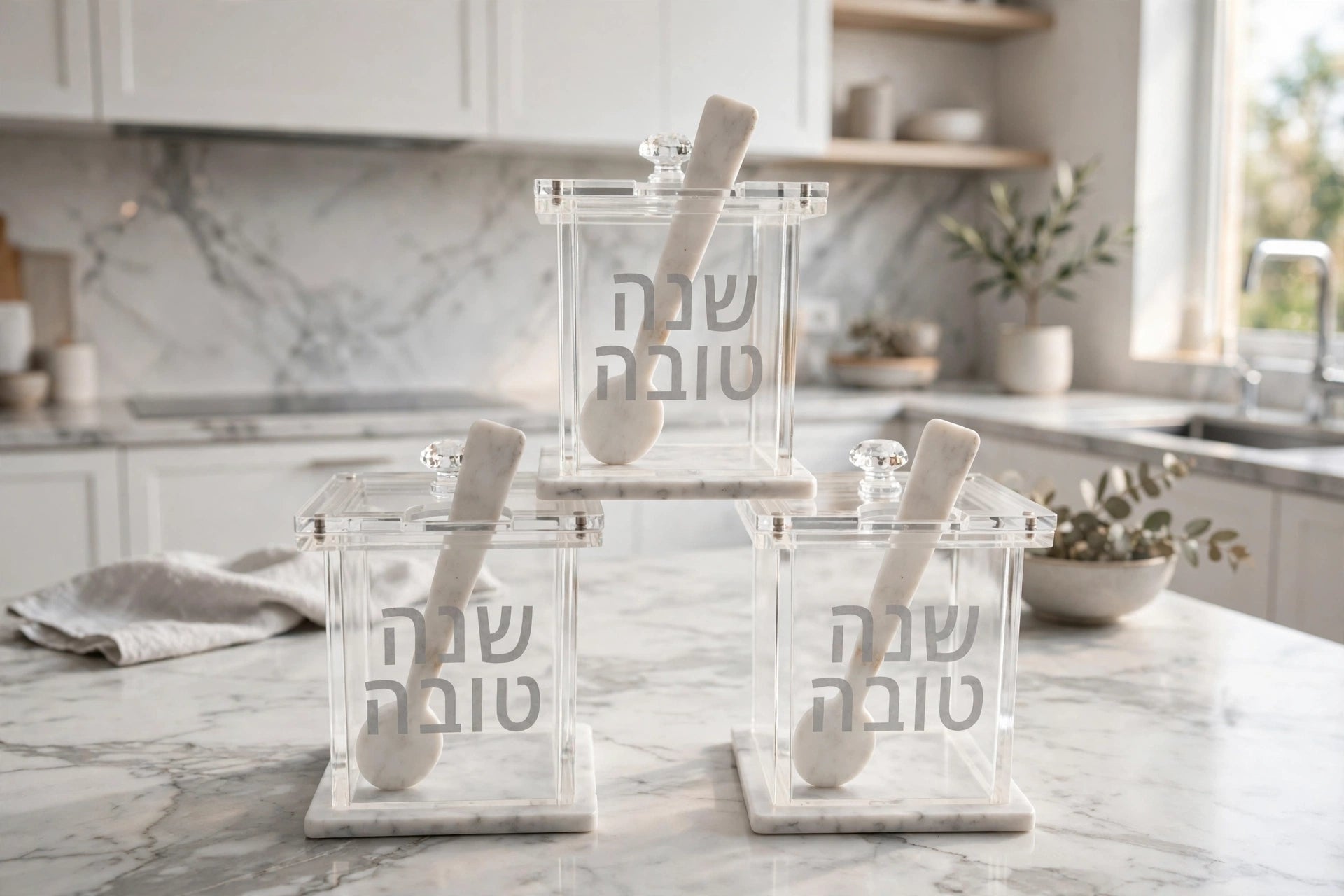 Lucite Square Honey Dish with White Marble Base