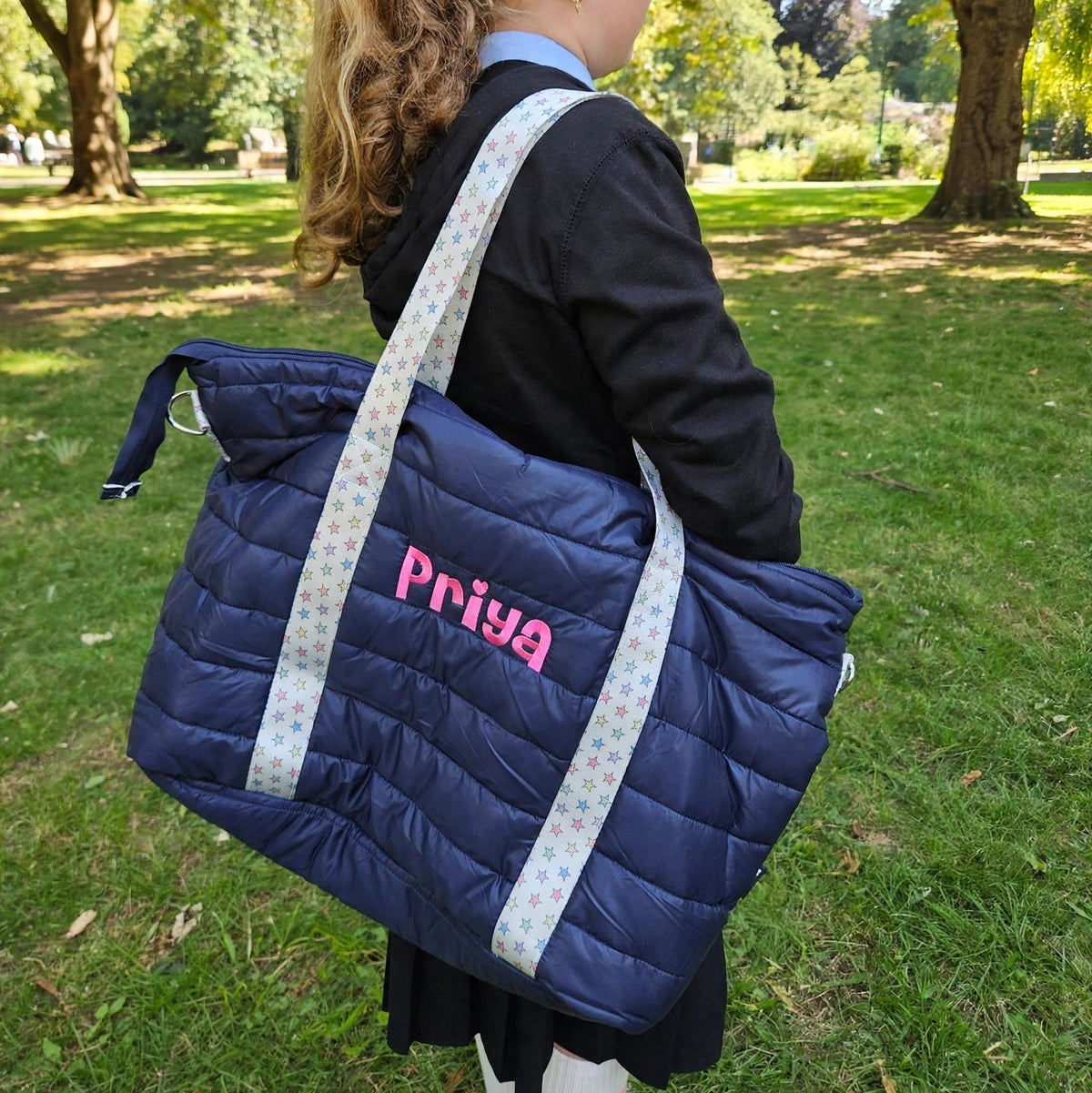 Navy Puffer Tote with Rainbow Star Strap