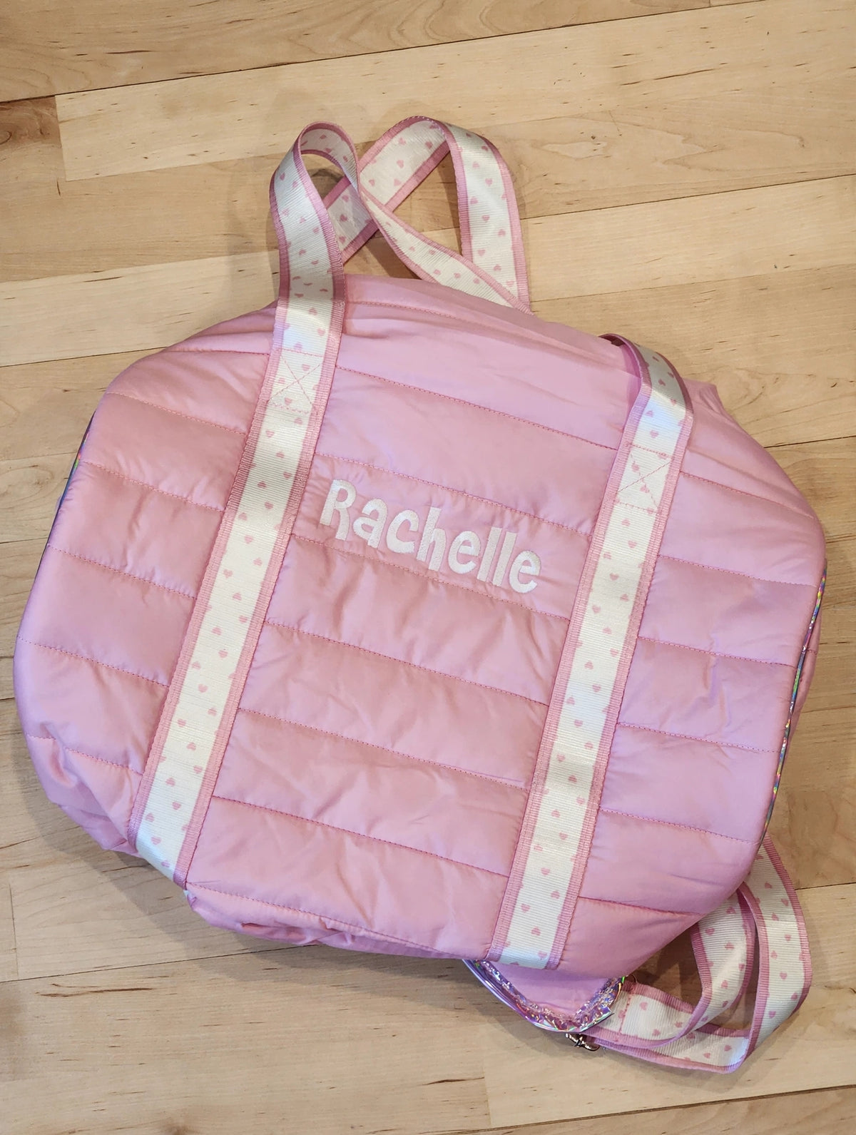 Pink Puffer Duffle Bag with Heart Stripe Strap