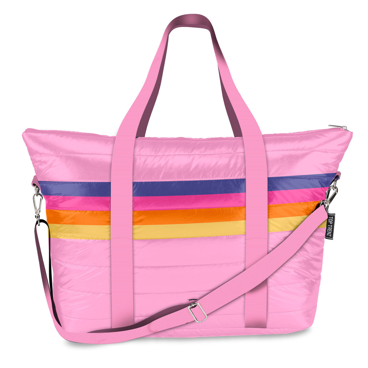 Pink Retro Stripe Puffer Weekender Tote Bag