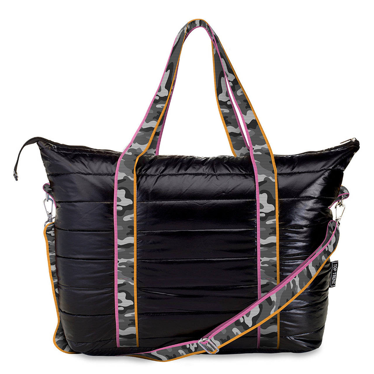 Black Puffer Tote Grey Camouflage Stripe Straps