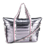 Gunmetal Puffer Tote White Marble Stripe Strap