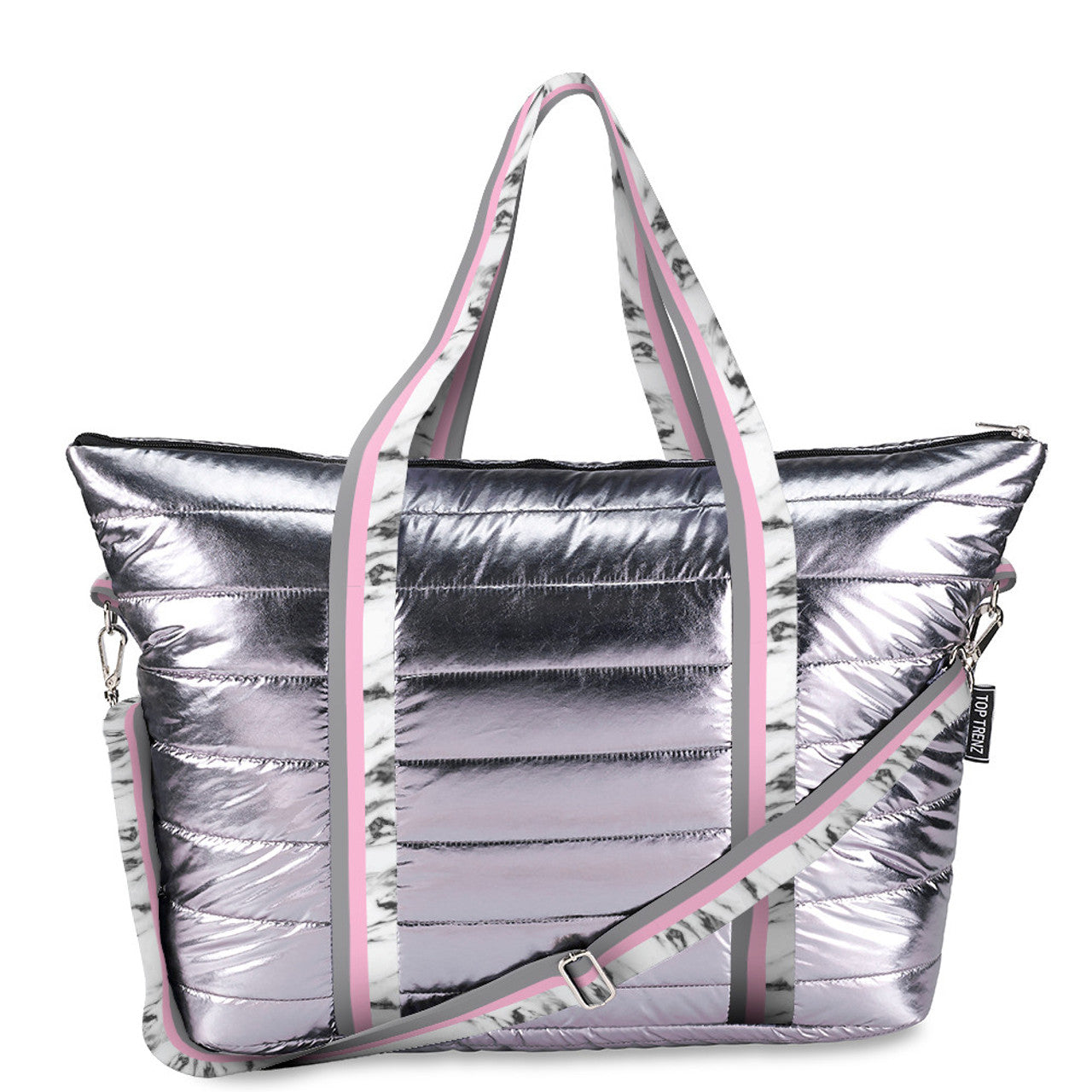 Gunmetal Puffer Tote White Marble Stripe Strap