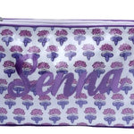 Large white and purple print cosmetic bag