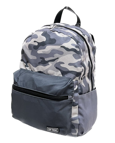 Grey Camo Color Block Canvas 2-Zipper Backpack