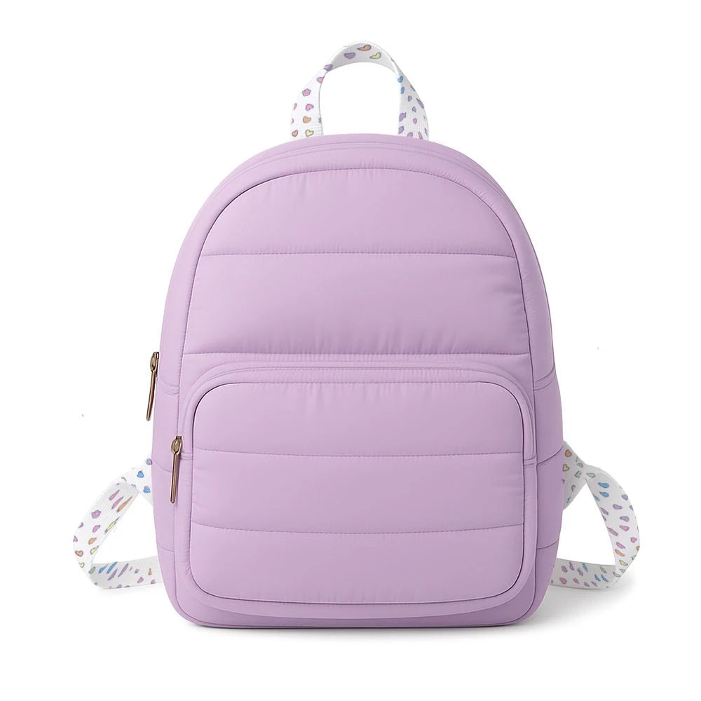Purple Puffer Mini Backpack with Rainbow Straps