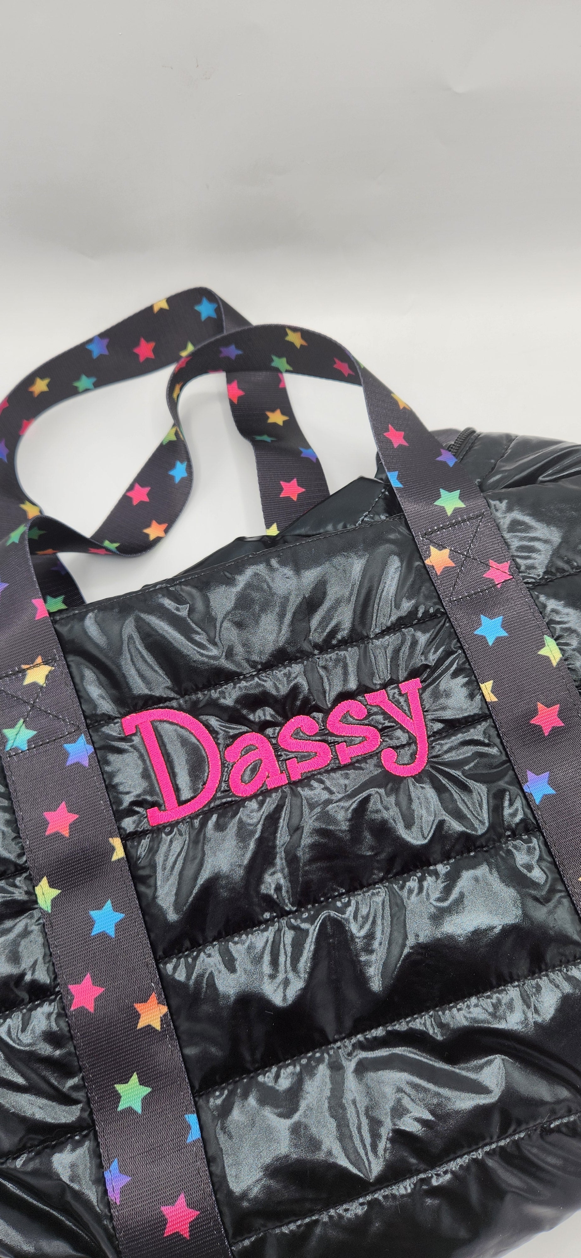 Black Puffer Duffle Scatter Star Strap